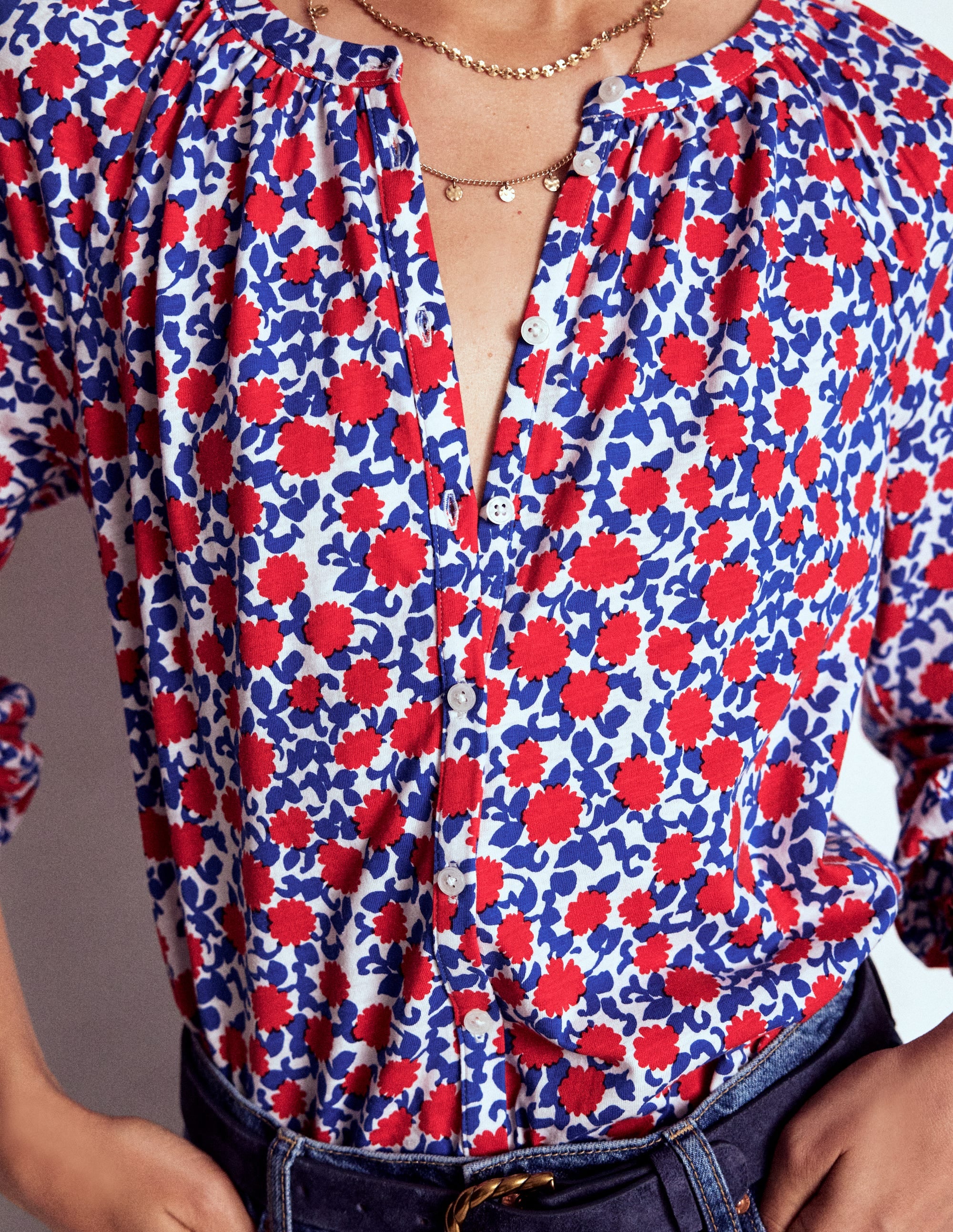 Isla Long Sleeve Jersey Shirt-Poppy Red, Floweret Vine - Image 2