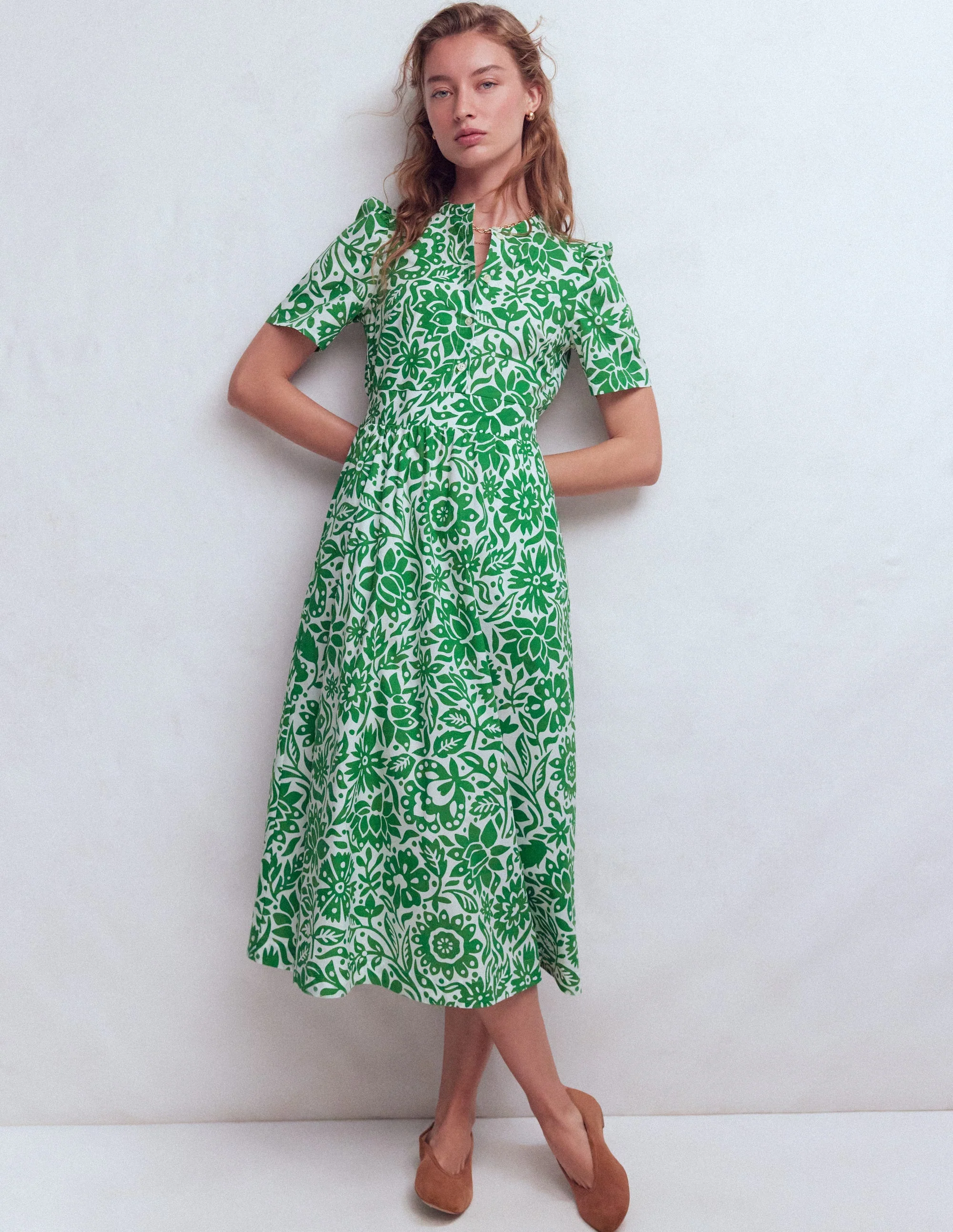 Ivy Cotton Midi Dress-Verdant Green, Meadow Scatter - Image 4