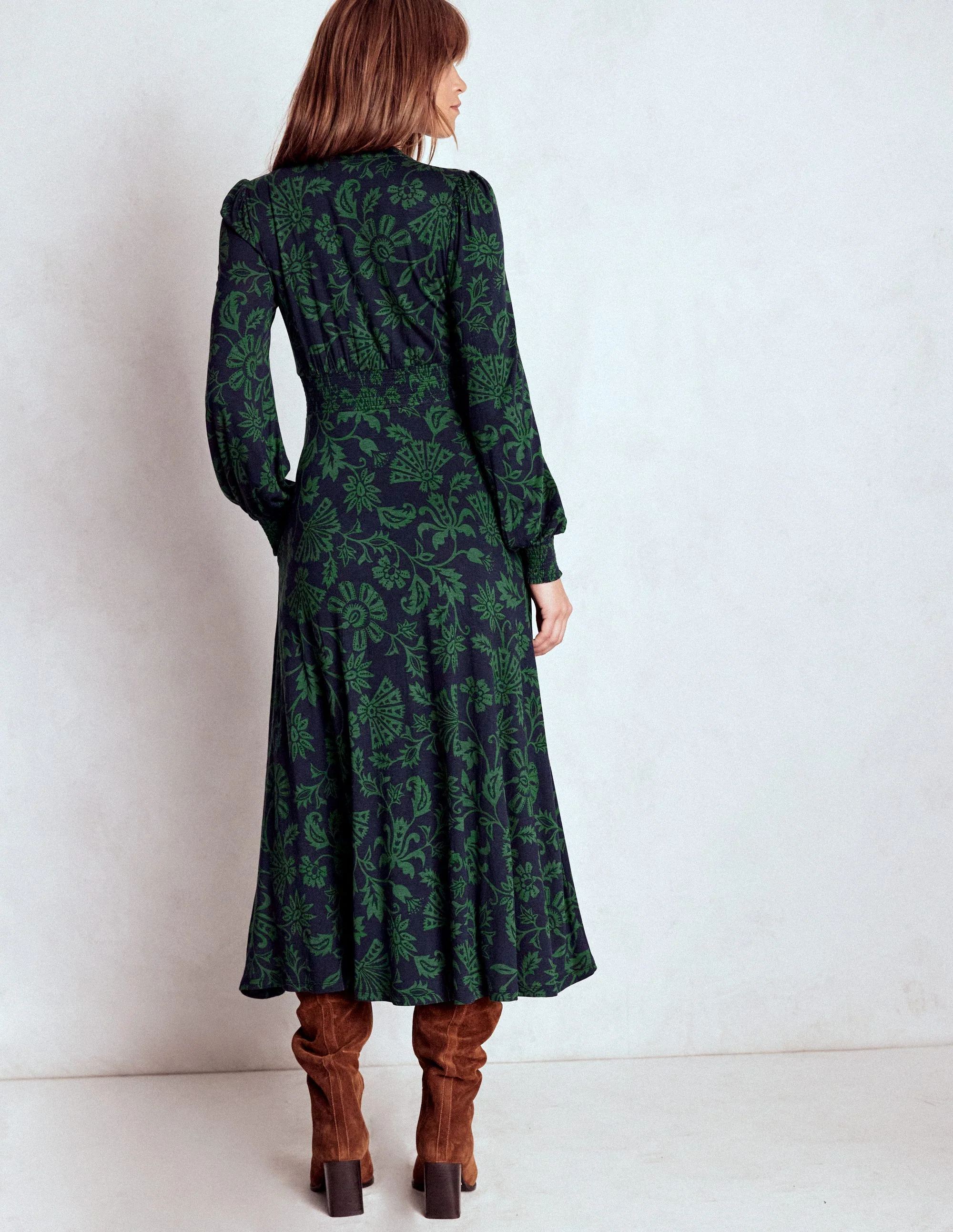 Ivy Smocked Midi Dress-Dark Navy, Elaborate Vine - Image 3