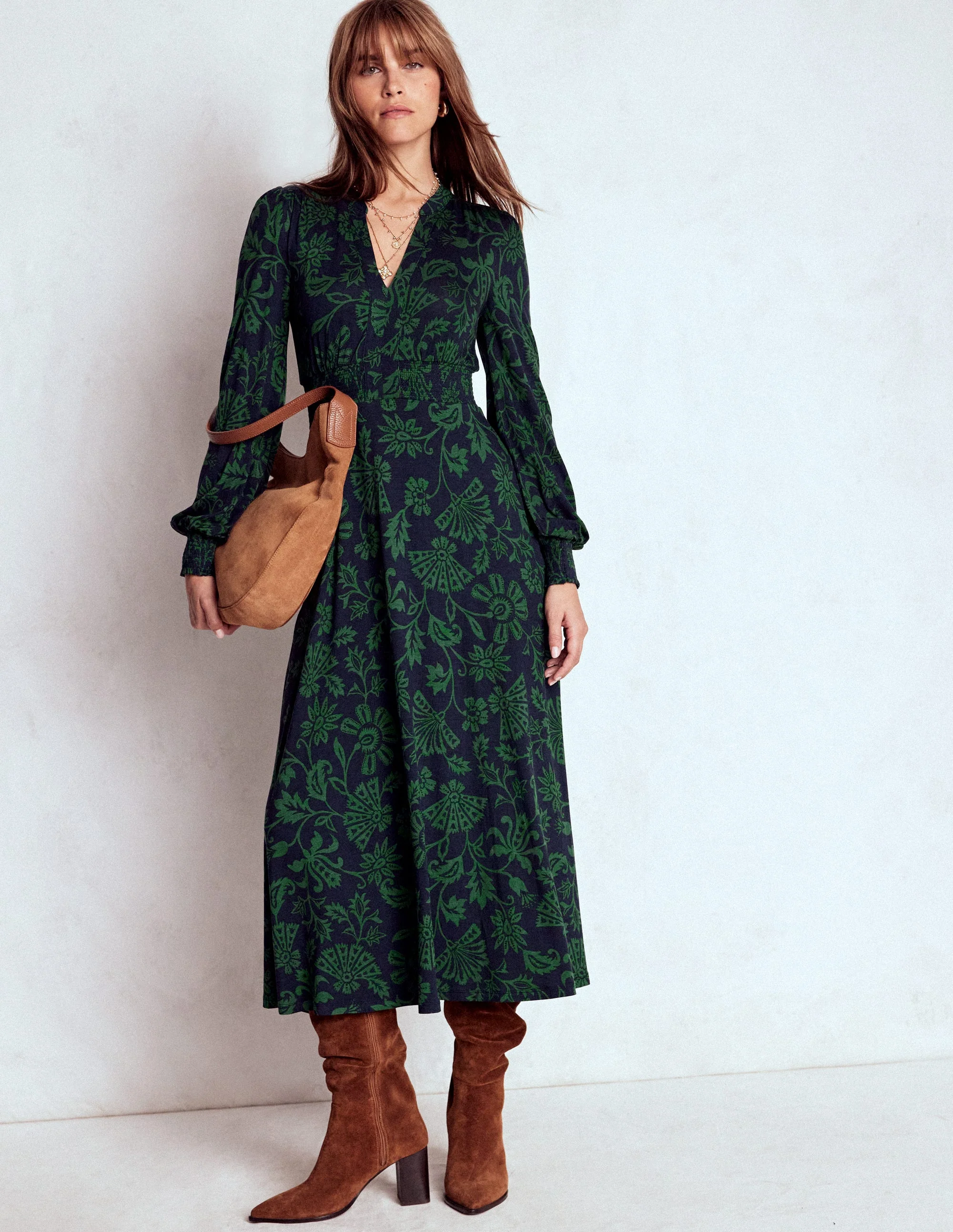 Ivy Smocked Midi Dress-Dark Navy, Elaborate Vine - Image 4