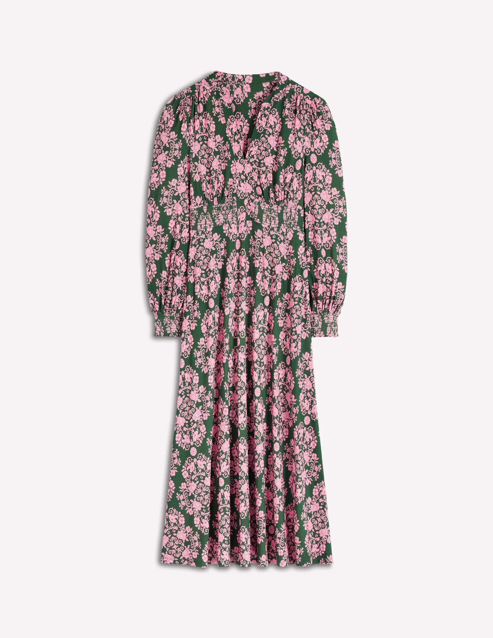 Ivy Smocked Midi Dress-Green, Ornamental Lattice - Image 5