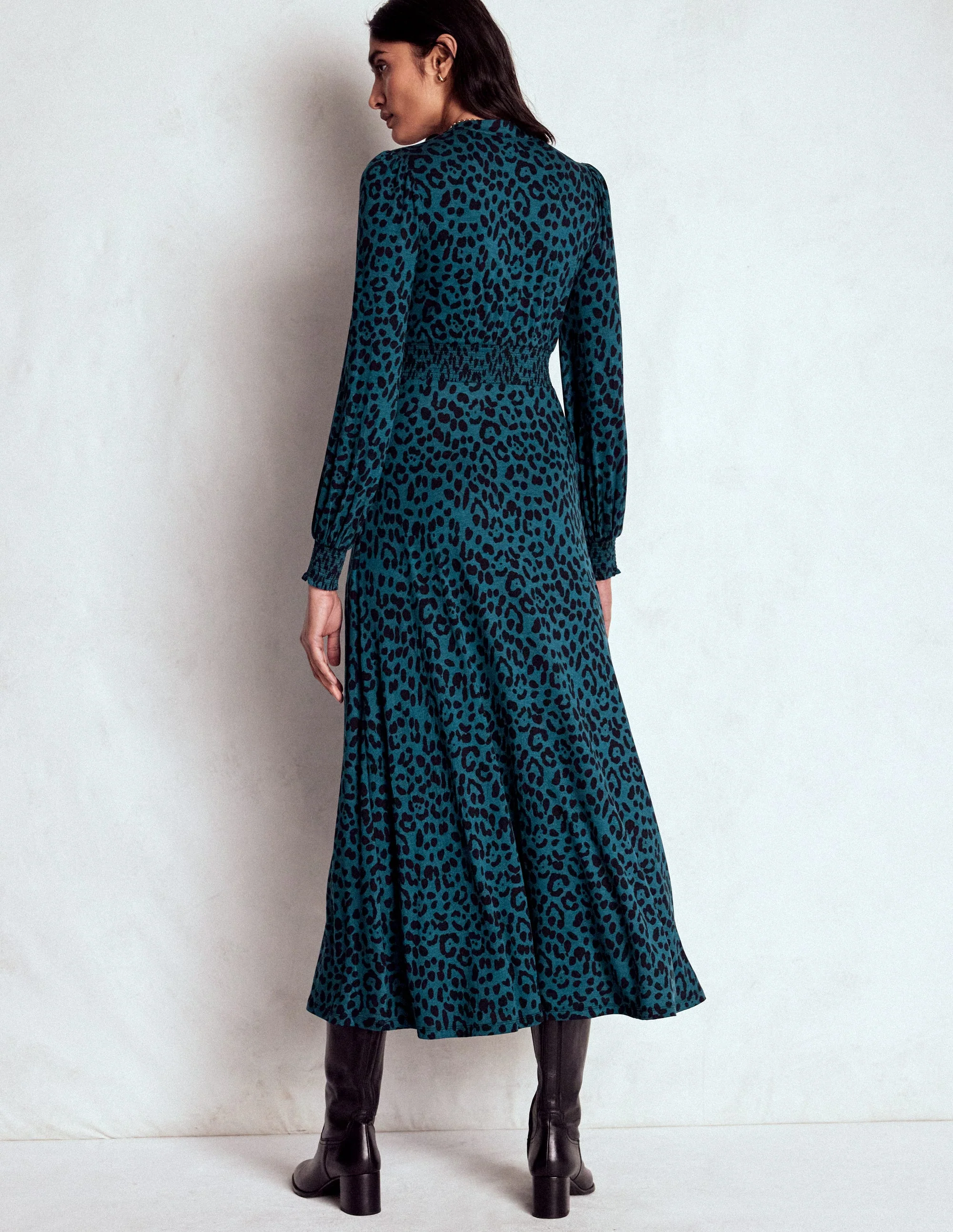 Ivy Smocked Midi Dress-Midnight Ocean, Brushed Animal - Image 3
