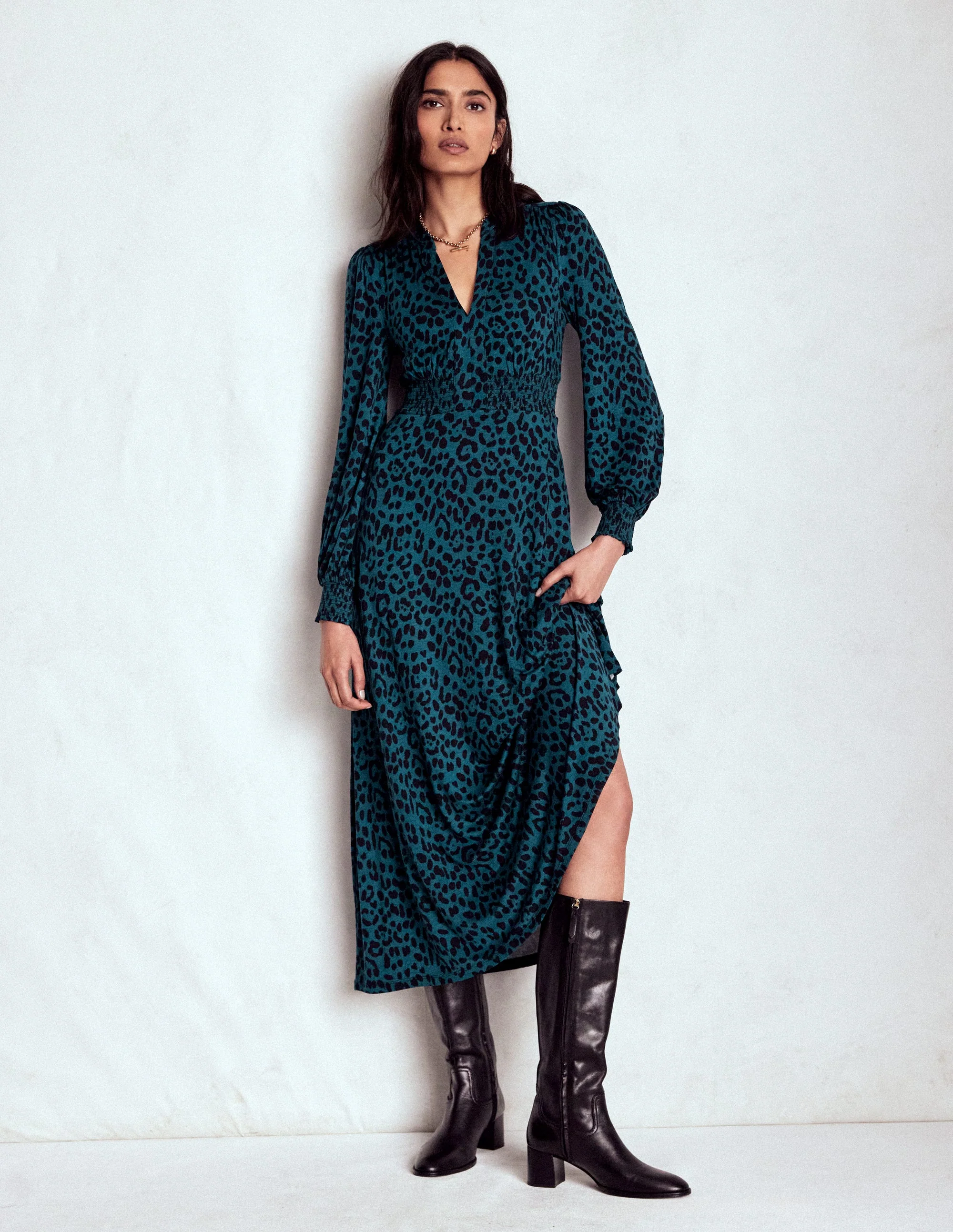 Ivy Smocked Midi Dress-Midnight Ocean, Brushed Animal - Image 4