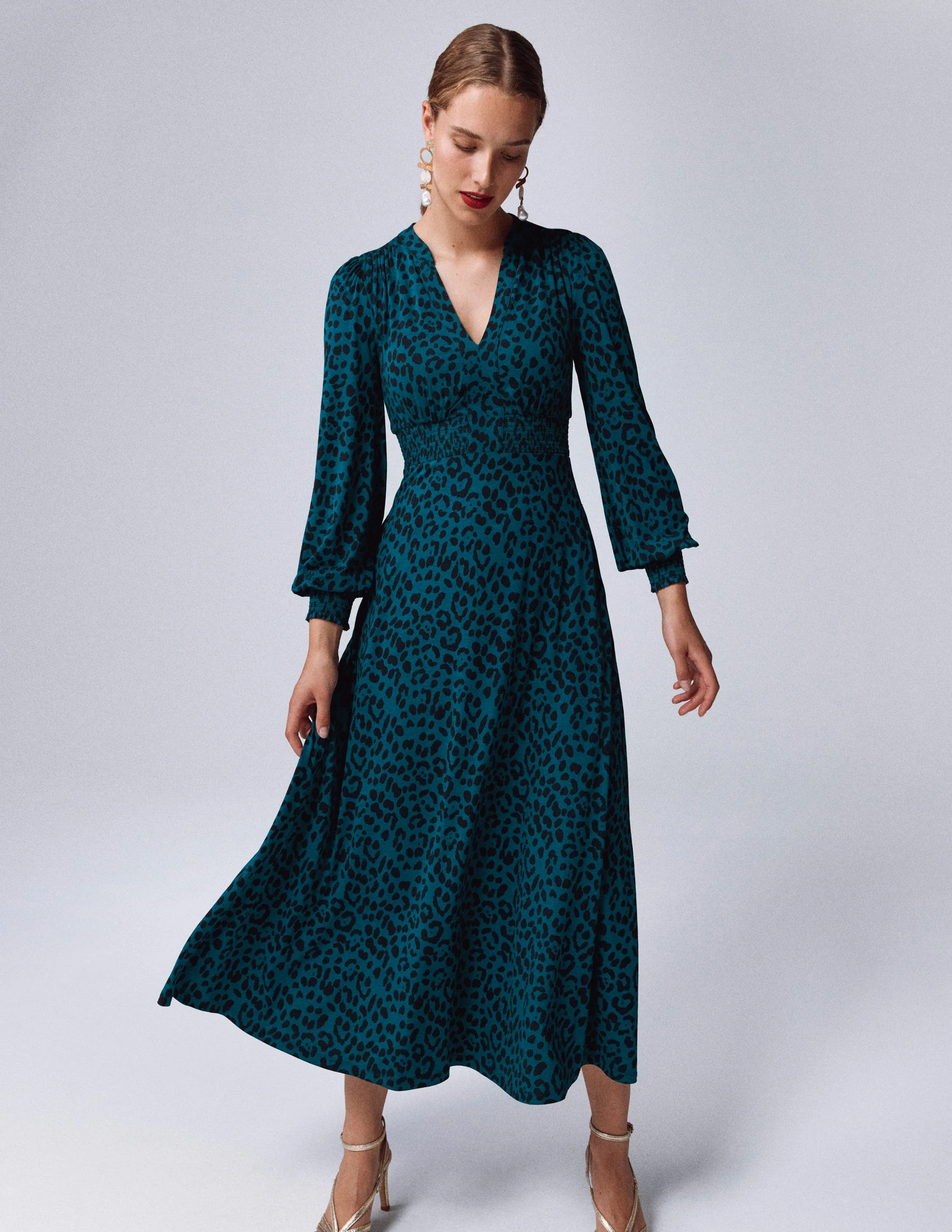 Ivy Smocked Midi Dress-Midnight Ocean, Brushed Animal - Image 5