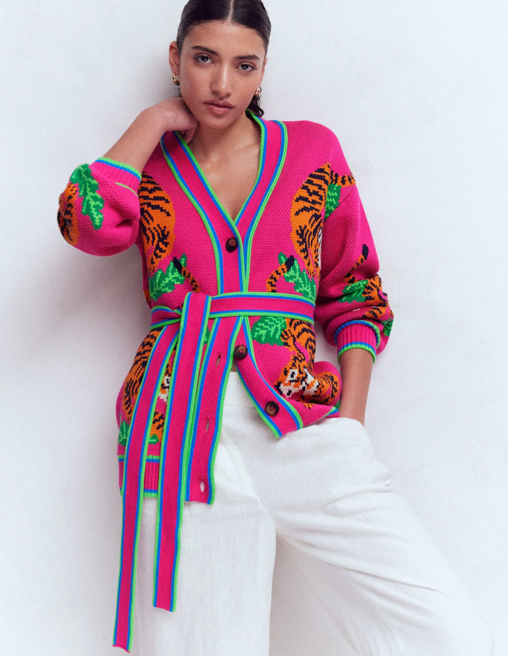 Jacquard Belted Cardigan-Pink Yarrow Tigers - Image 2