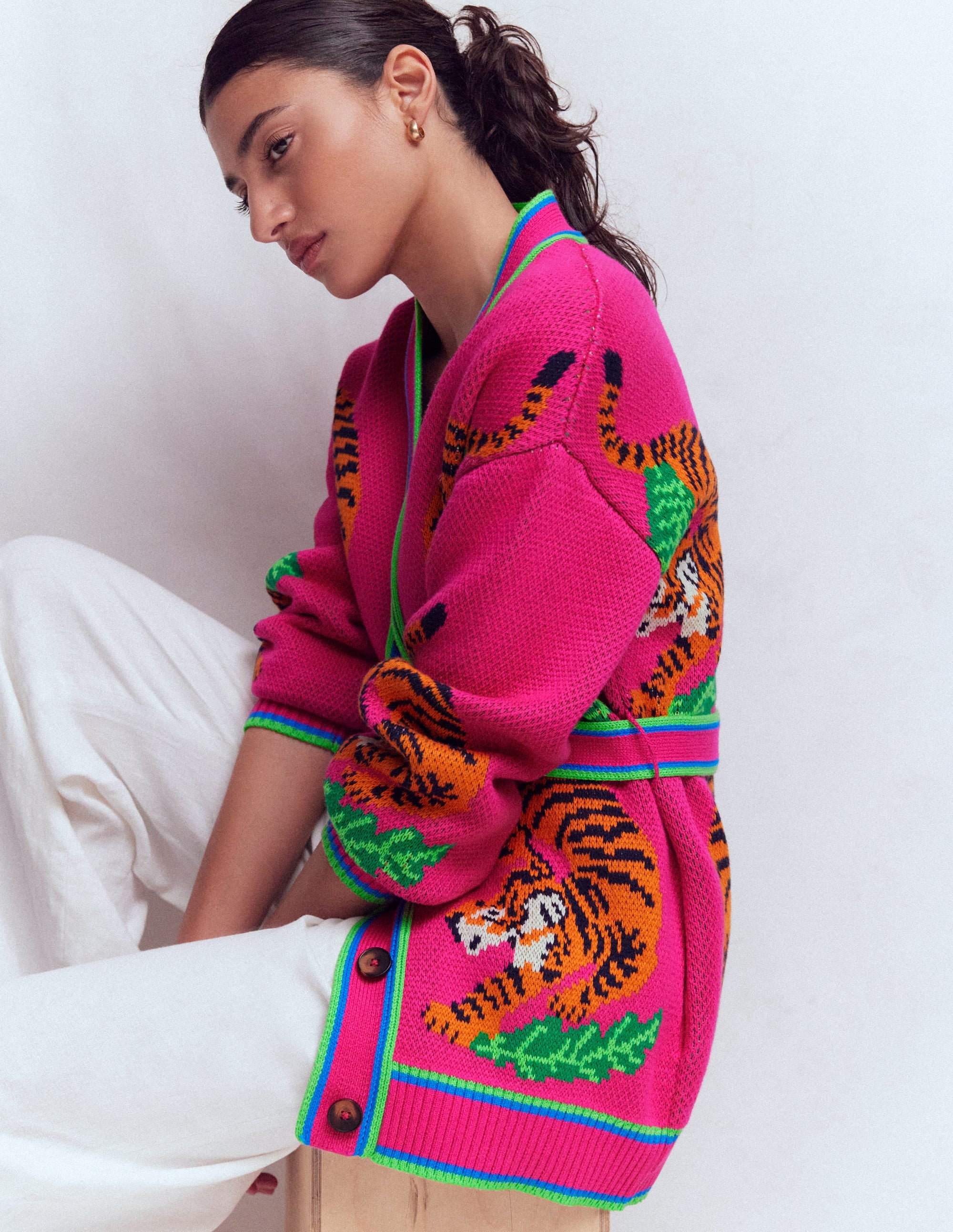 Jacquard Belted Cardigan-Pink Yarrow Tigers - Image 4