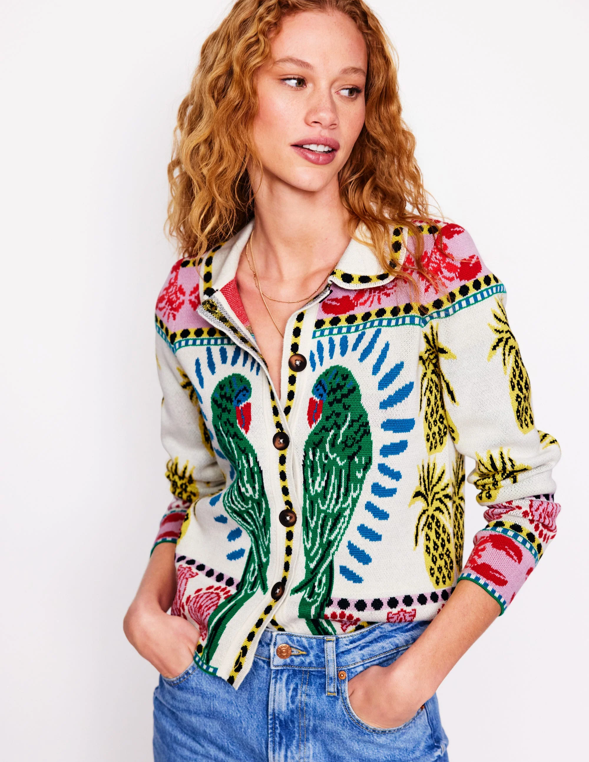Jacquard Knitted Shacket-Warm Ivory, Tropical Bonanza
