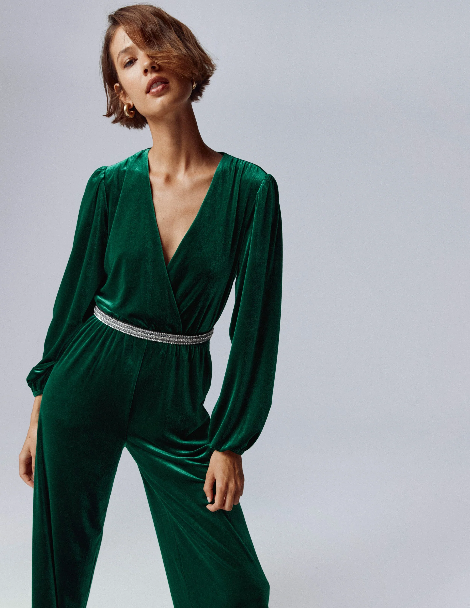 Jersey Velvet Wrap Jumpsuit-Emerald Night - Image 5