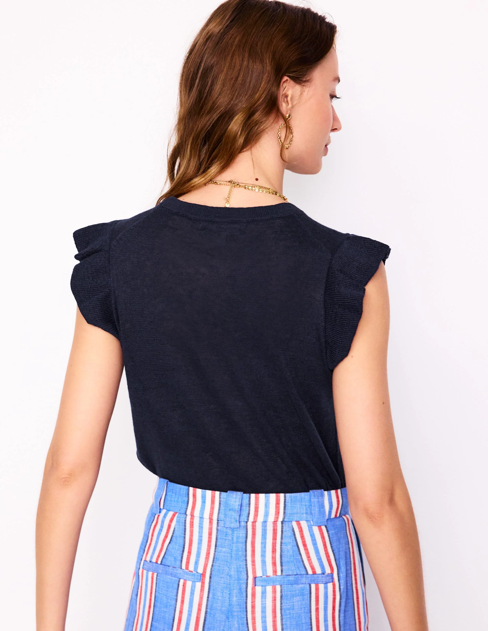 Josie Frilled Linen Tank-Navy - Image 3