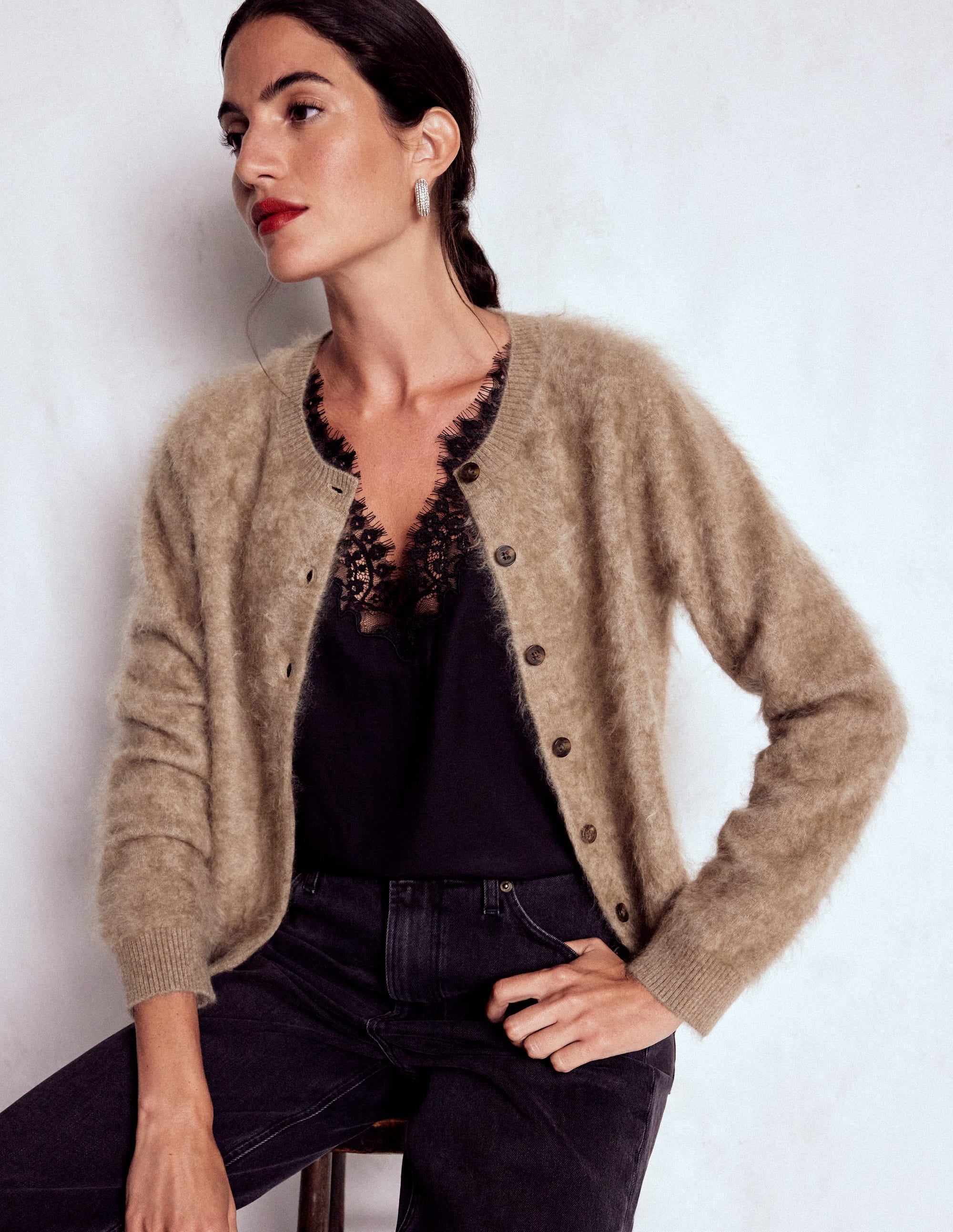 Kat Brushed Cashmere Cardigan-Dark Mink Melange