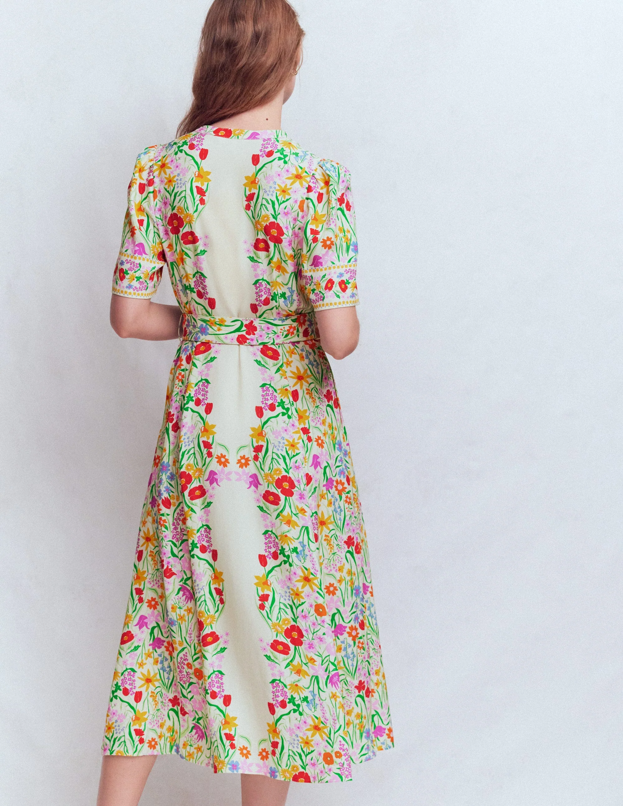Kate Puff Sleeve Belted Dress-Ivory, Elegant Garden - Image 3