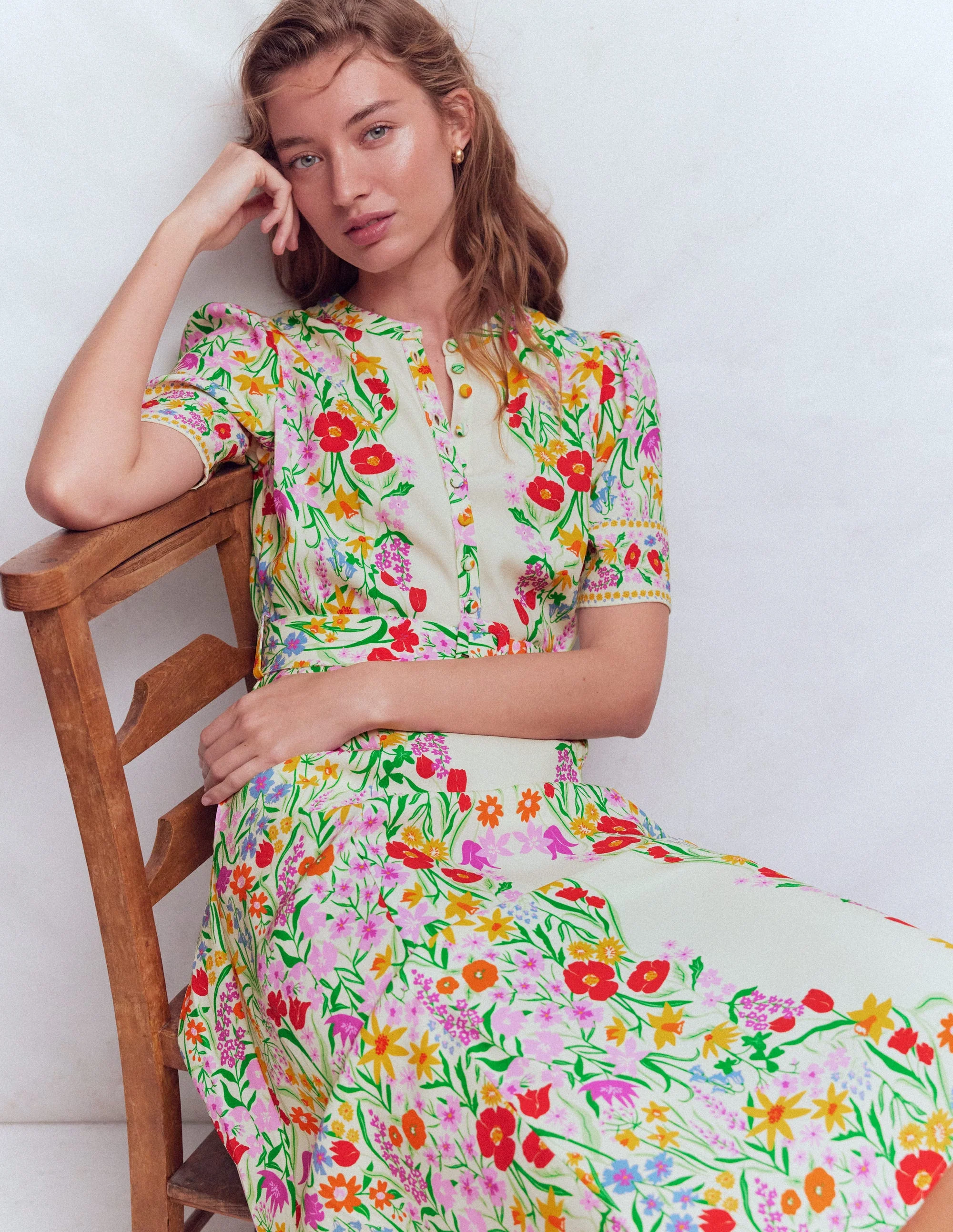 Kate Puff Sleeve Belted Dress-Ivory, Elegant Garden - Image 6