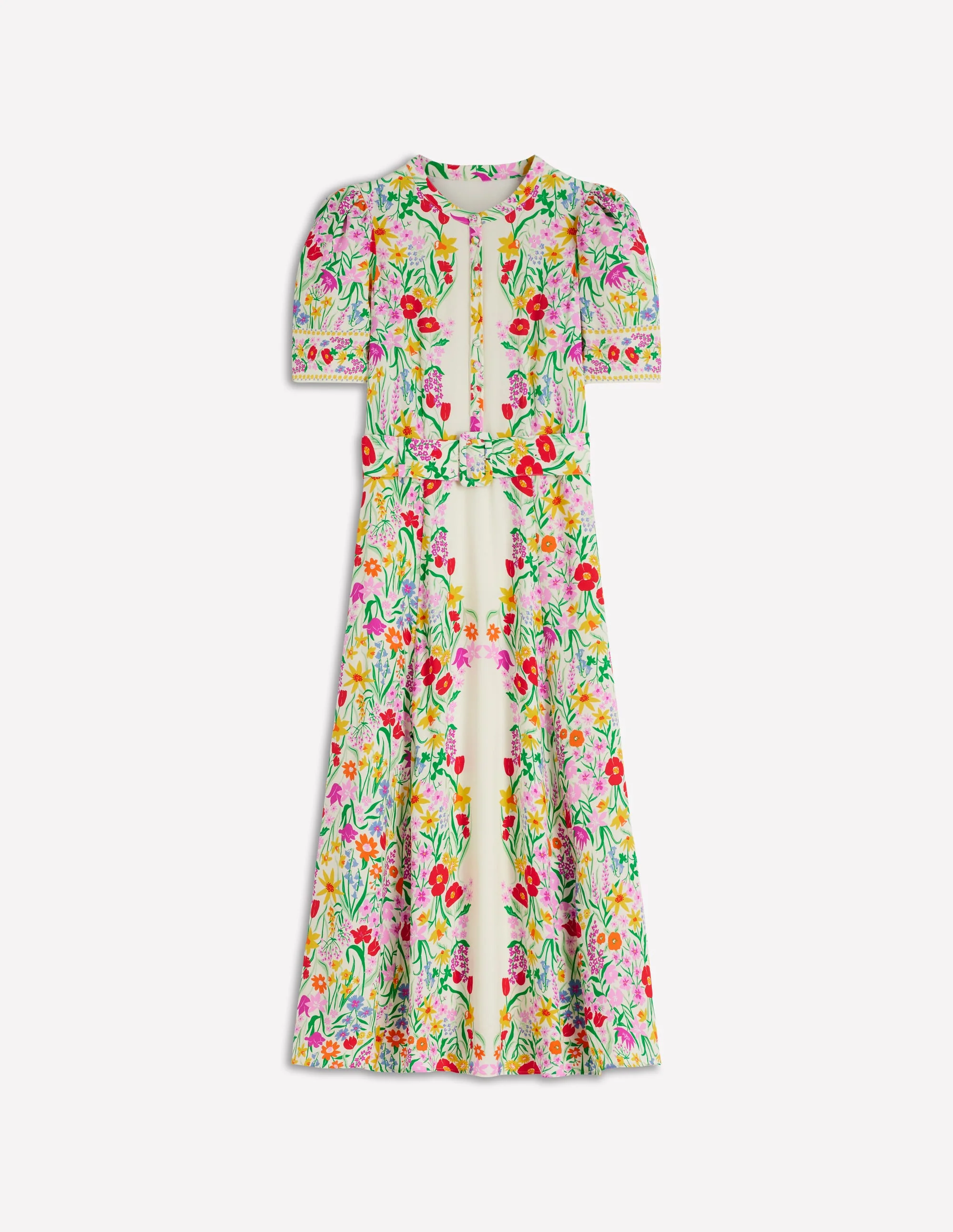 Kate Puff Sleeve Belted Dress-Ivory, Elegant Garden - Image 8