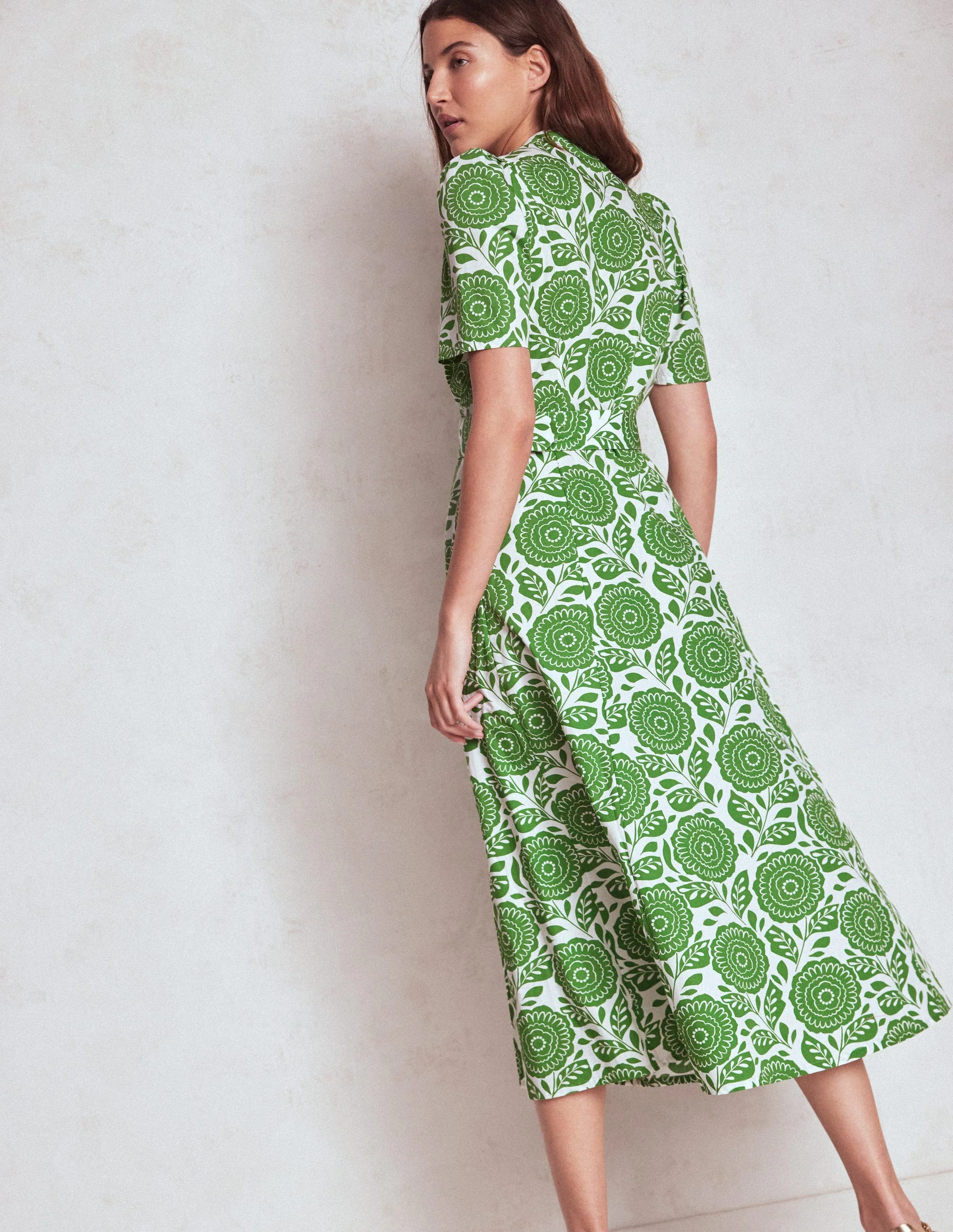 Kate Puff Sleeve Belted Dress-Paradise Green, Dahlia Stamp - Image 2