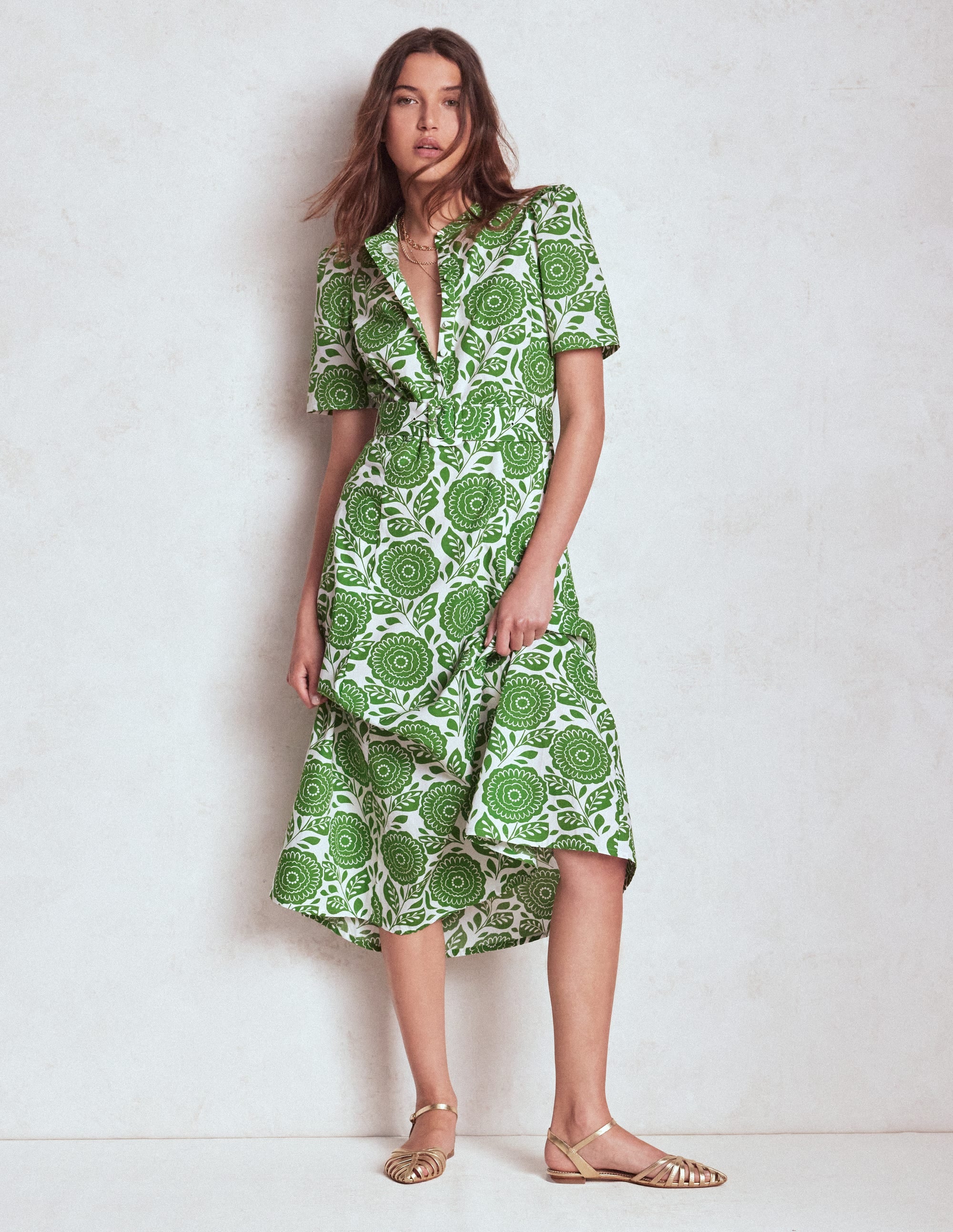 Kate Puff Sleeve Belted Dress-Paradise Green, Dahlia Stamp - Image 3