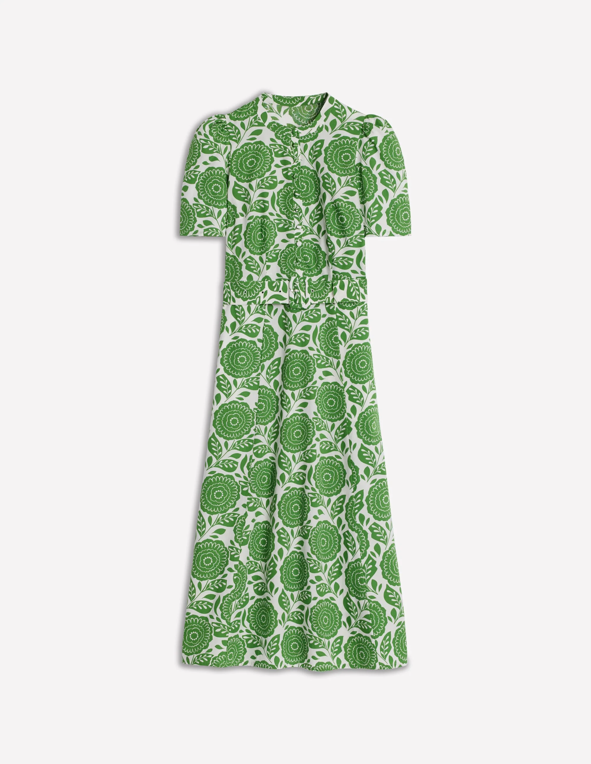 Kate Puff Sleeve Belted Dress-Paradise Green, Dahlia Stamp - Image 6