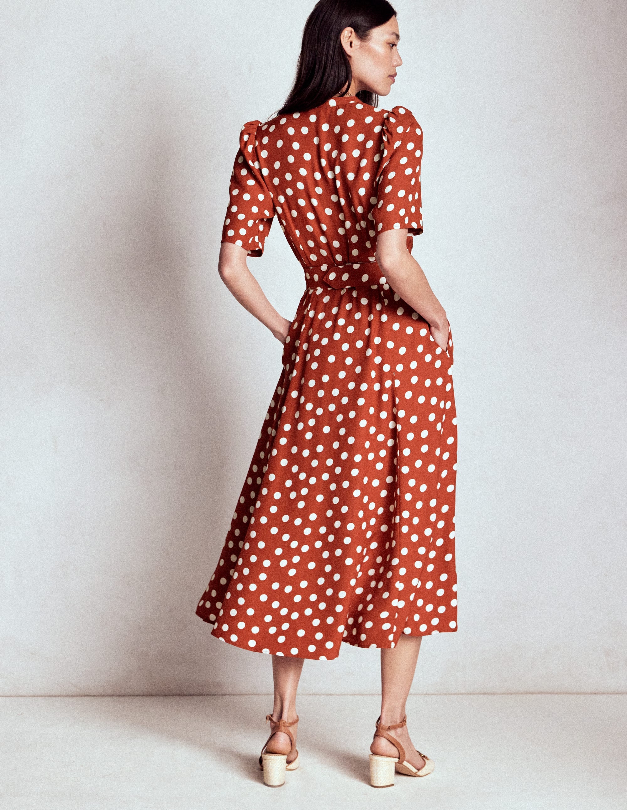 Kate Puff Sleeve Belted Dress-Roasted Chestnut, Painted Dot - Image 3