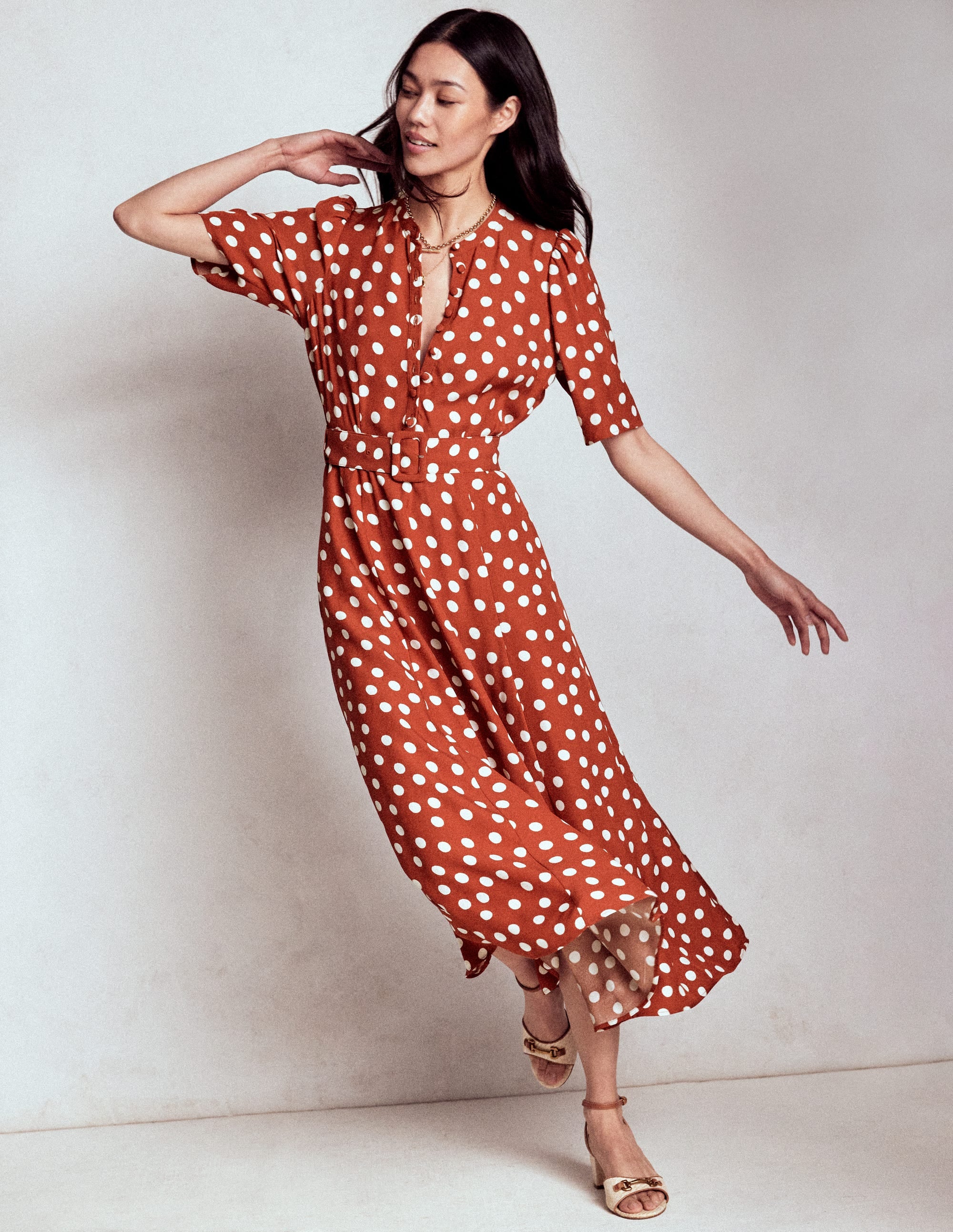 Kate Puff Sleeve Belted Dress-Roasted Chestnut, Painted Dot - Image 4