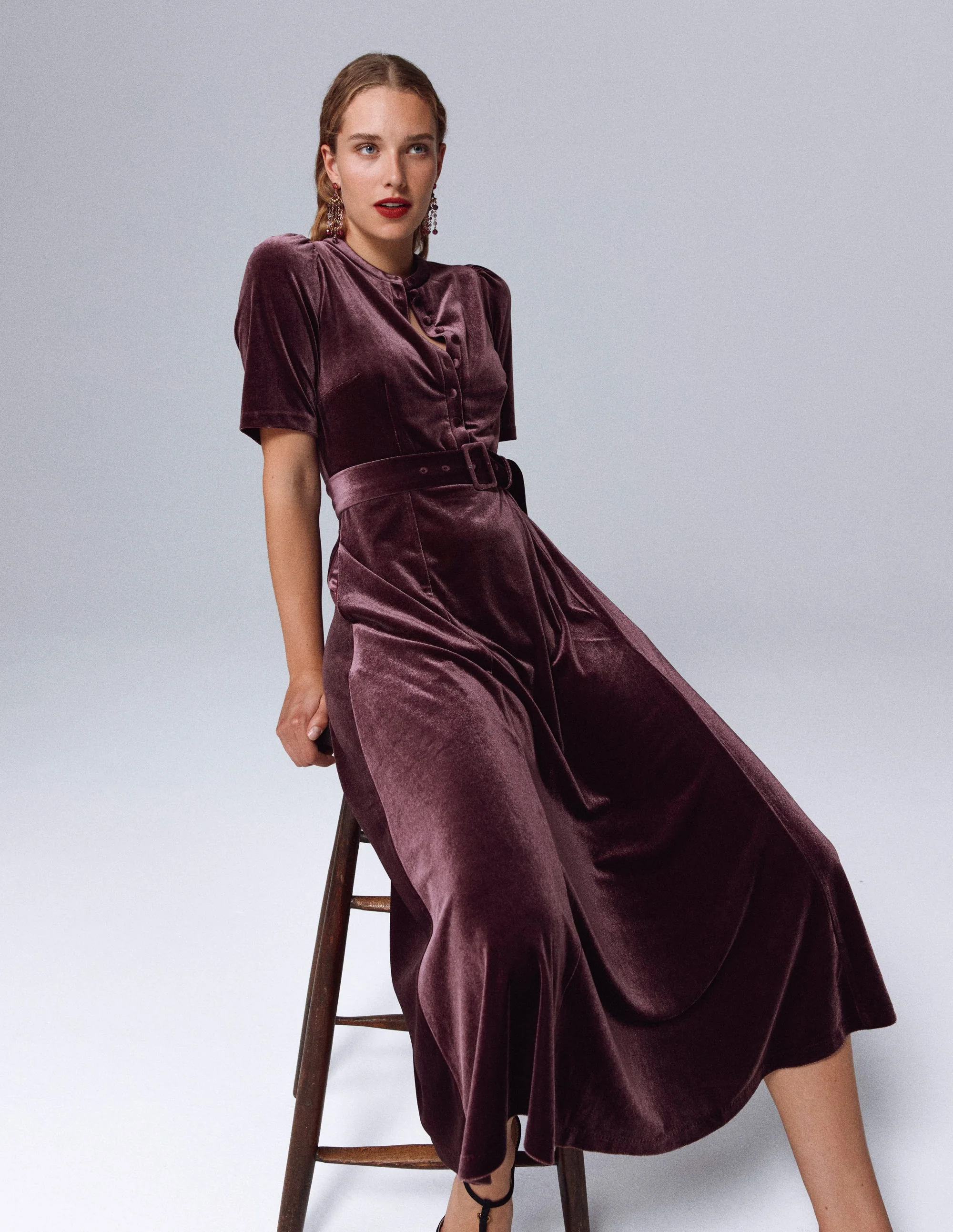 Kate Velvet Shirt Dress-Dark Cherry - Image 5