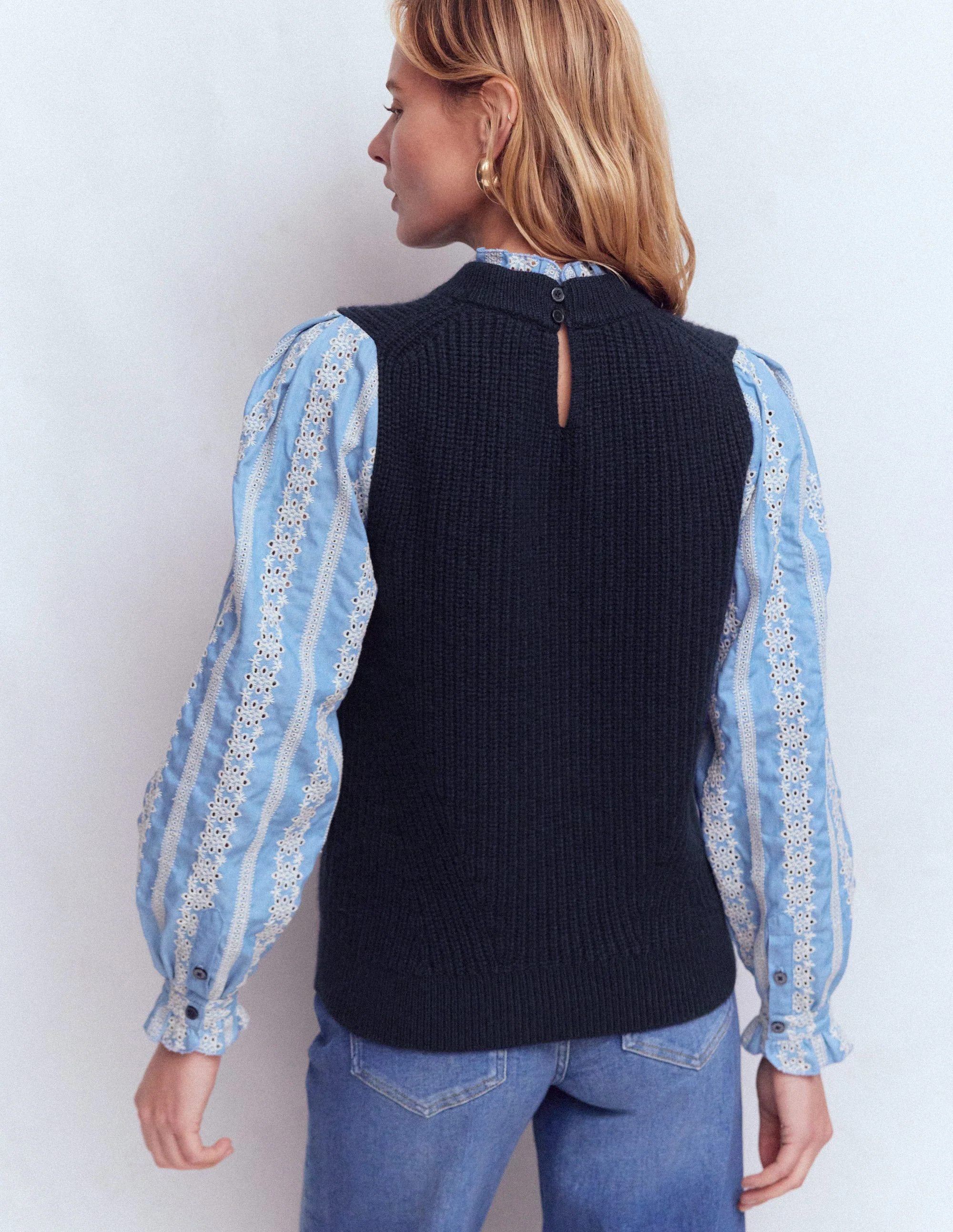 Knit and Woven Mix Jumper-Navy - Image 3