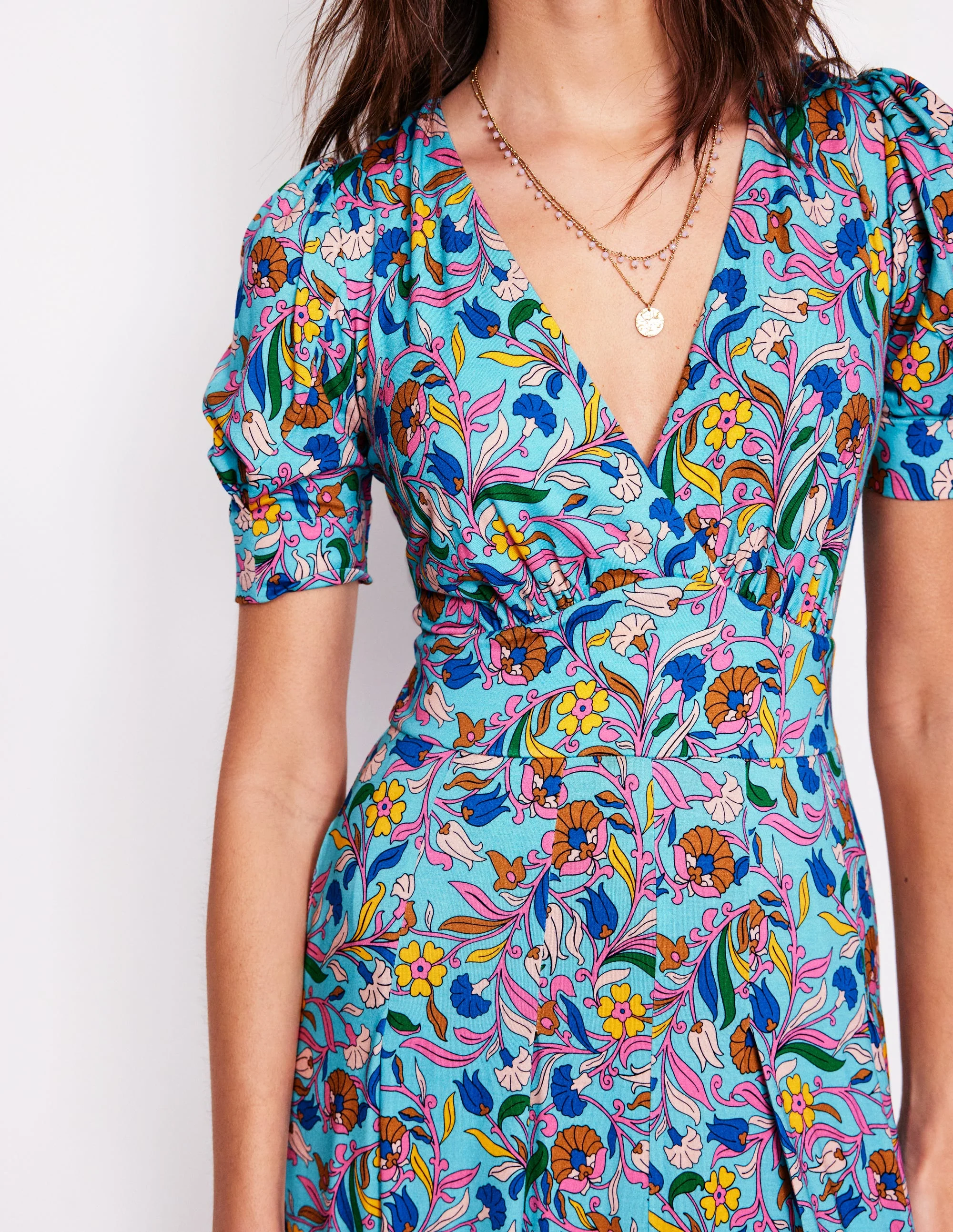 Kristen Pleated Jersey Dress-Blue, Enchanting Vine - Image 2