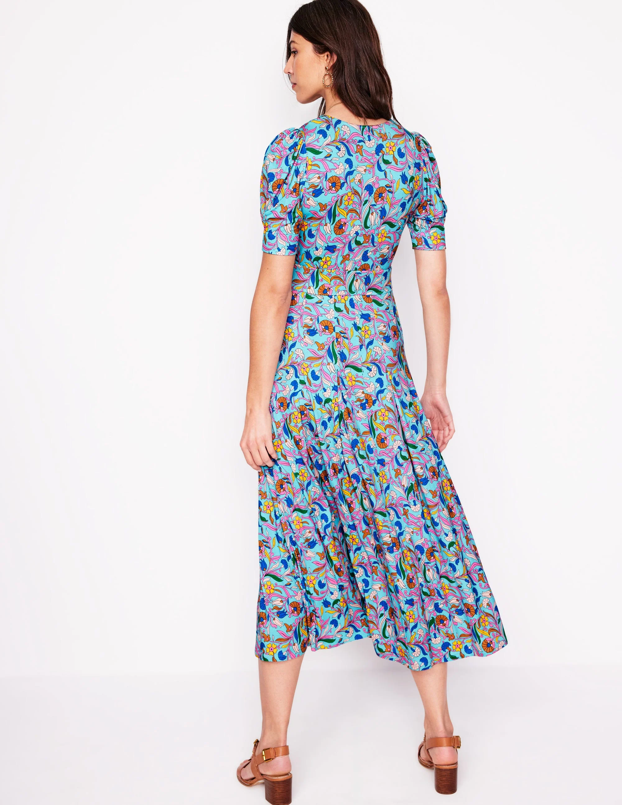 Kristen Pleated Jersey Dress-Blue, Enchanting Vine - Image 3
