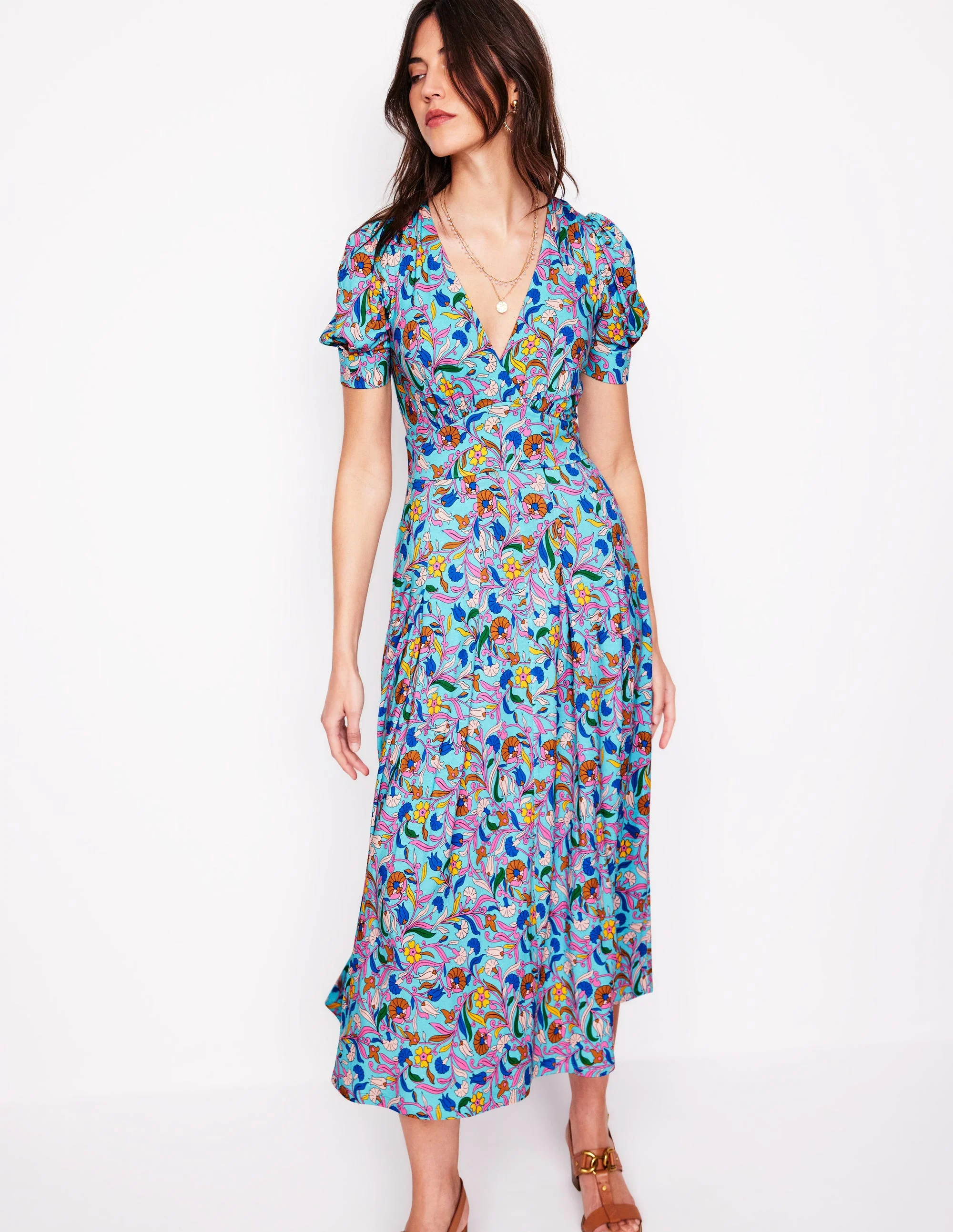 Kristen Pleated Jersey Dress-Blue, Enchanting Vine - Image 4