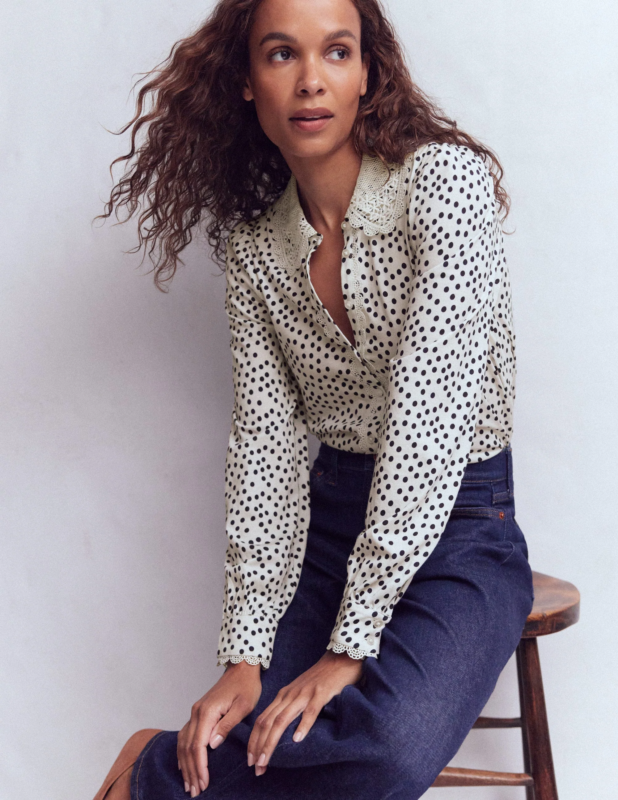 Lace Collar Blouse-Ivory, Painted Dot