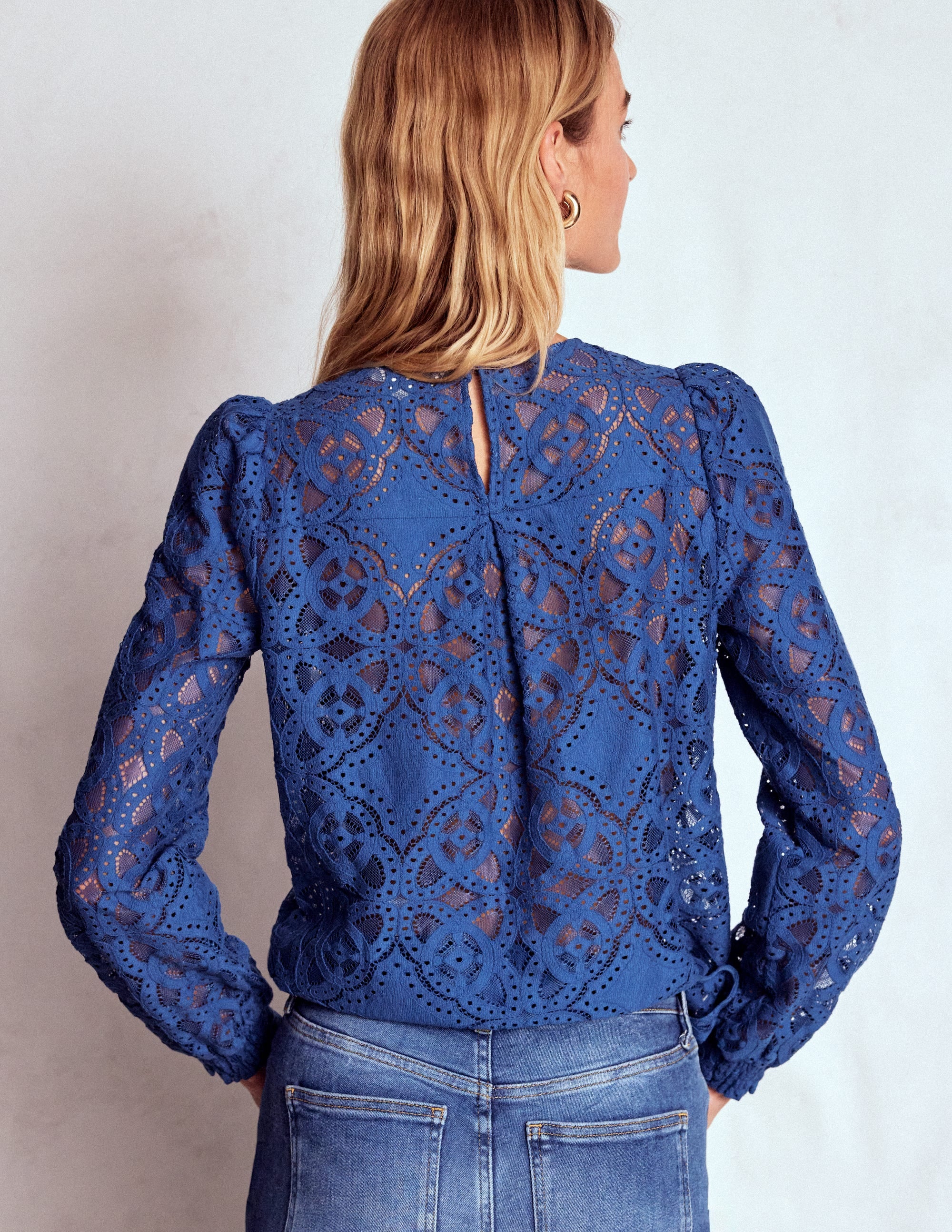 Lace Crew Neck Top-Denim Blue - Image 3