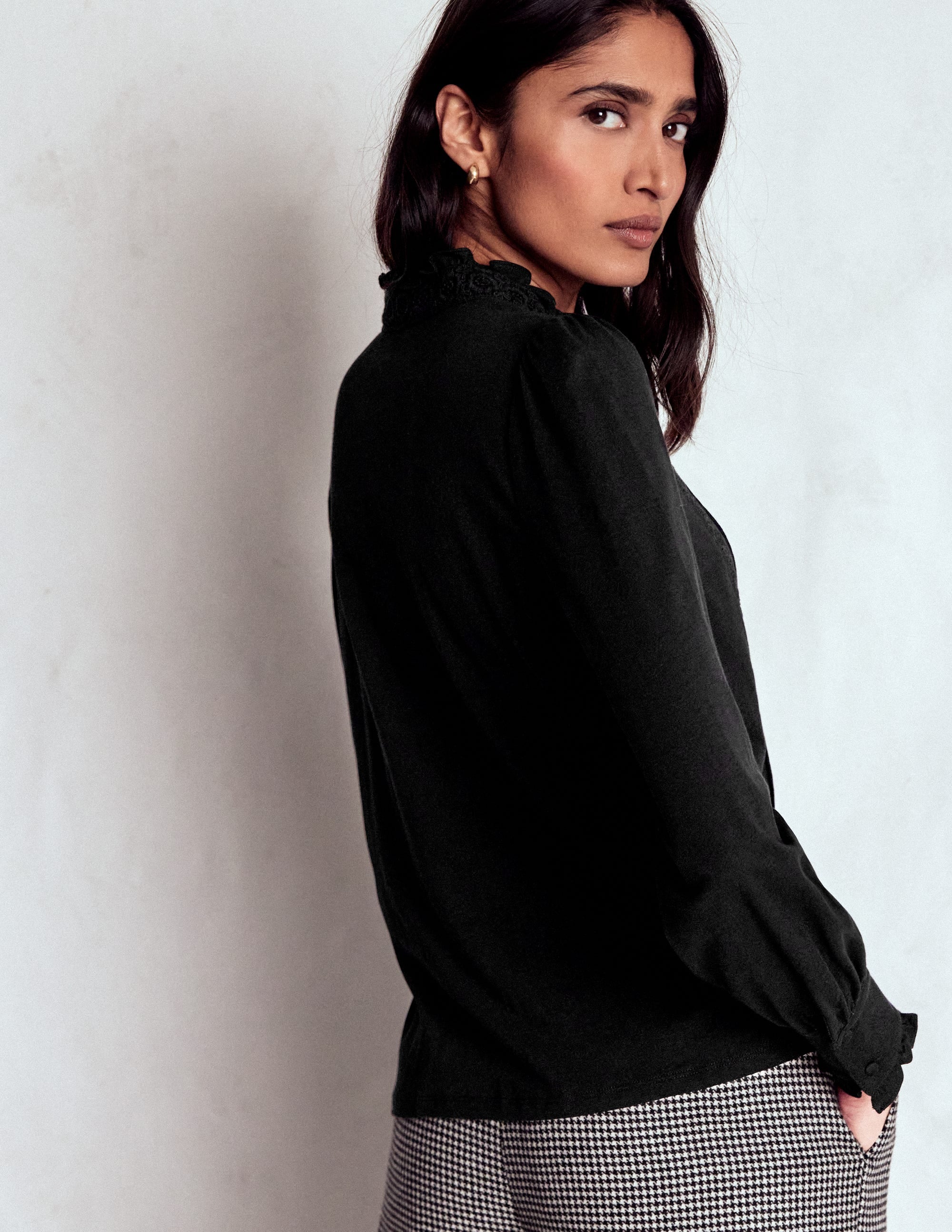 Lace Detail Jersey Shirt-Black - Image 3