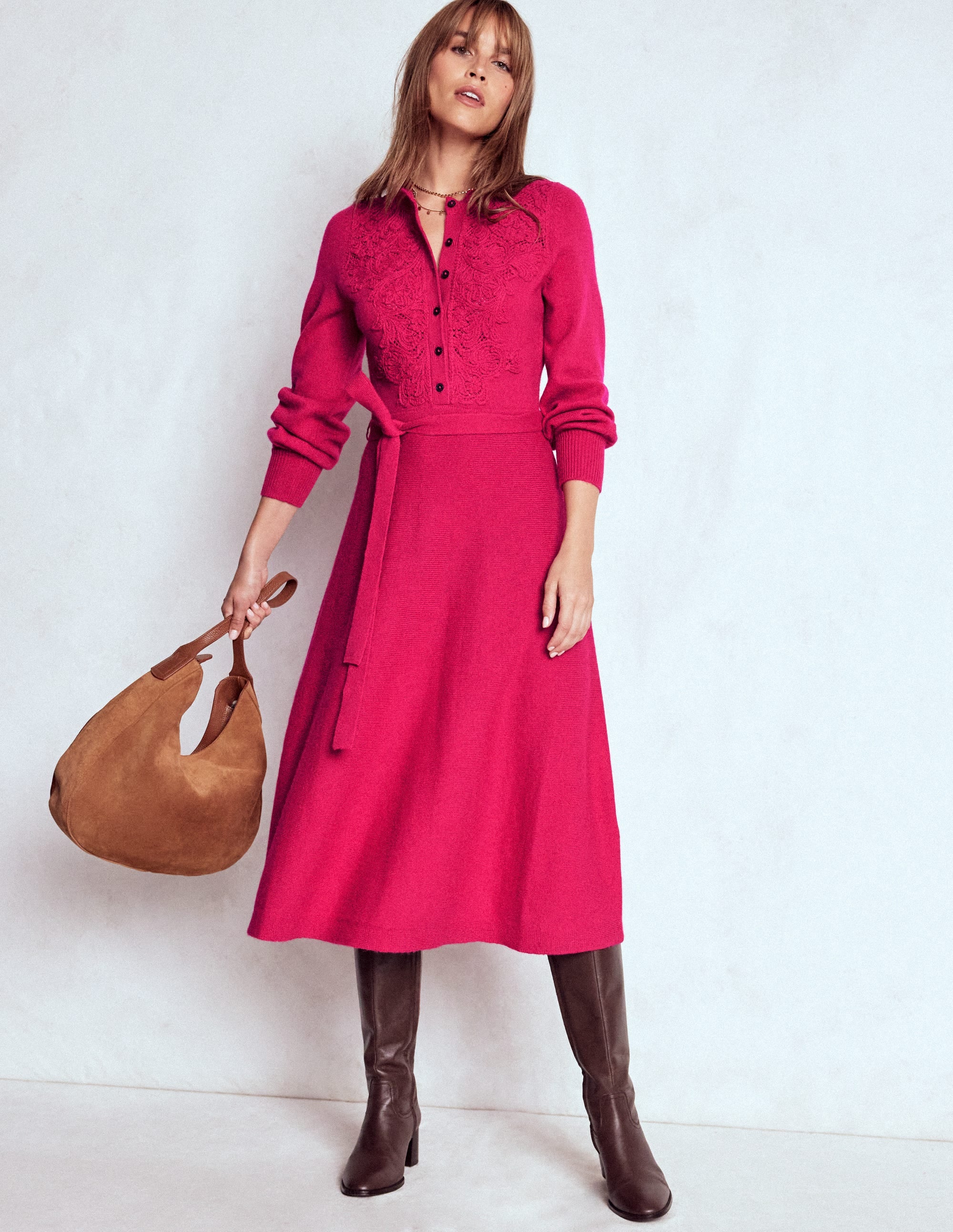 Lace Insert Knitted Midi Dress-Vibrant Pink - Image 4