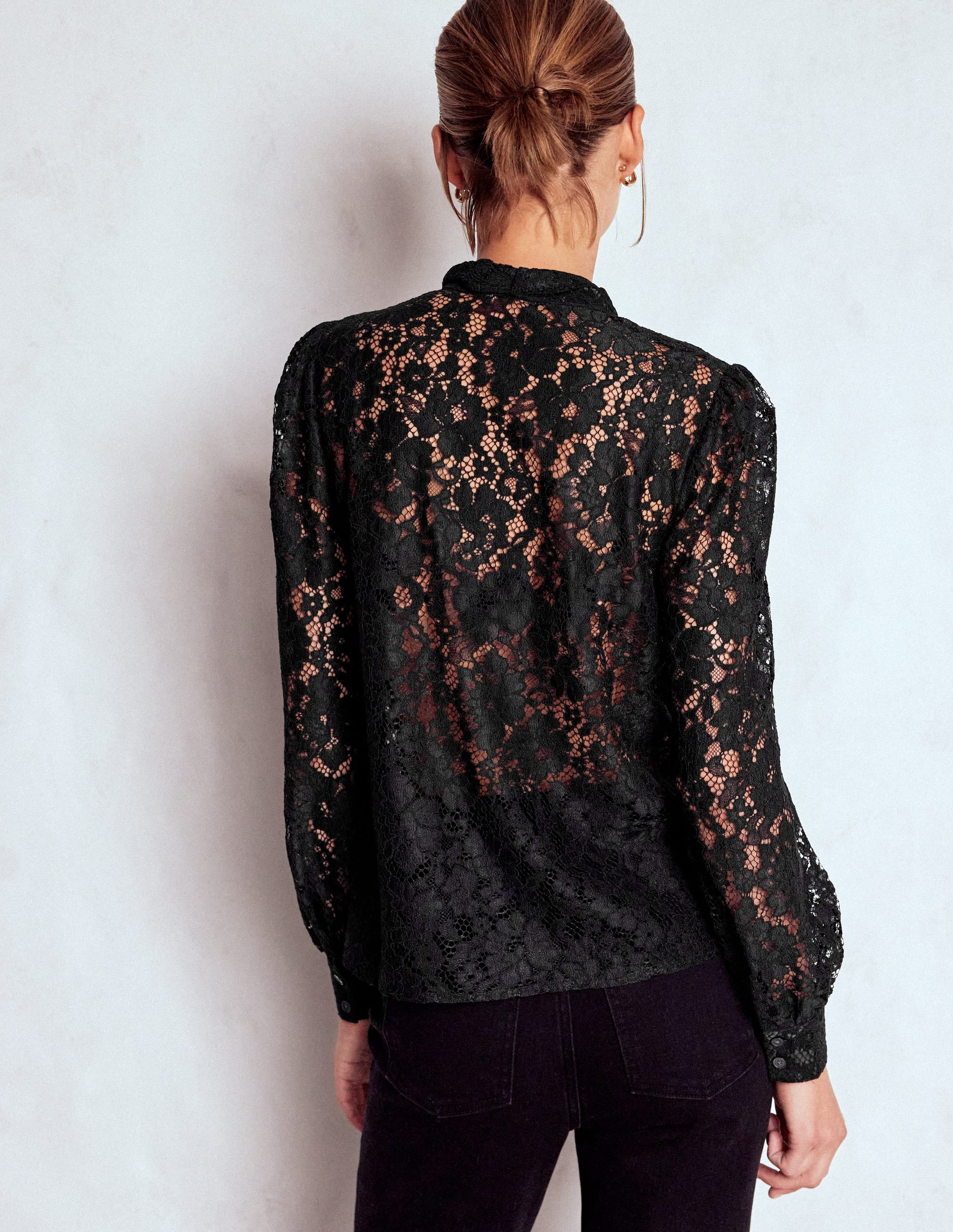 Lace Tie Neck Top-Black - Image 3