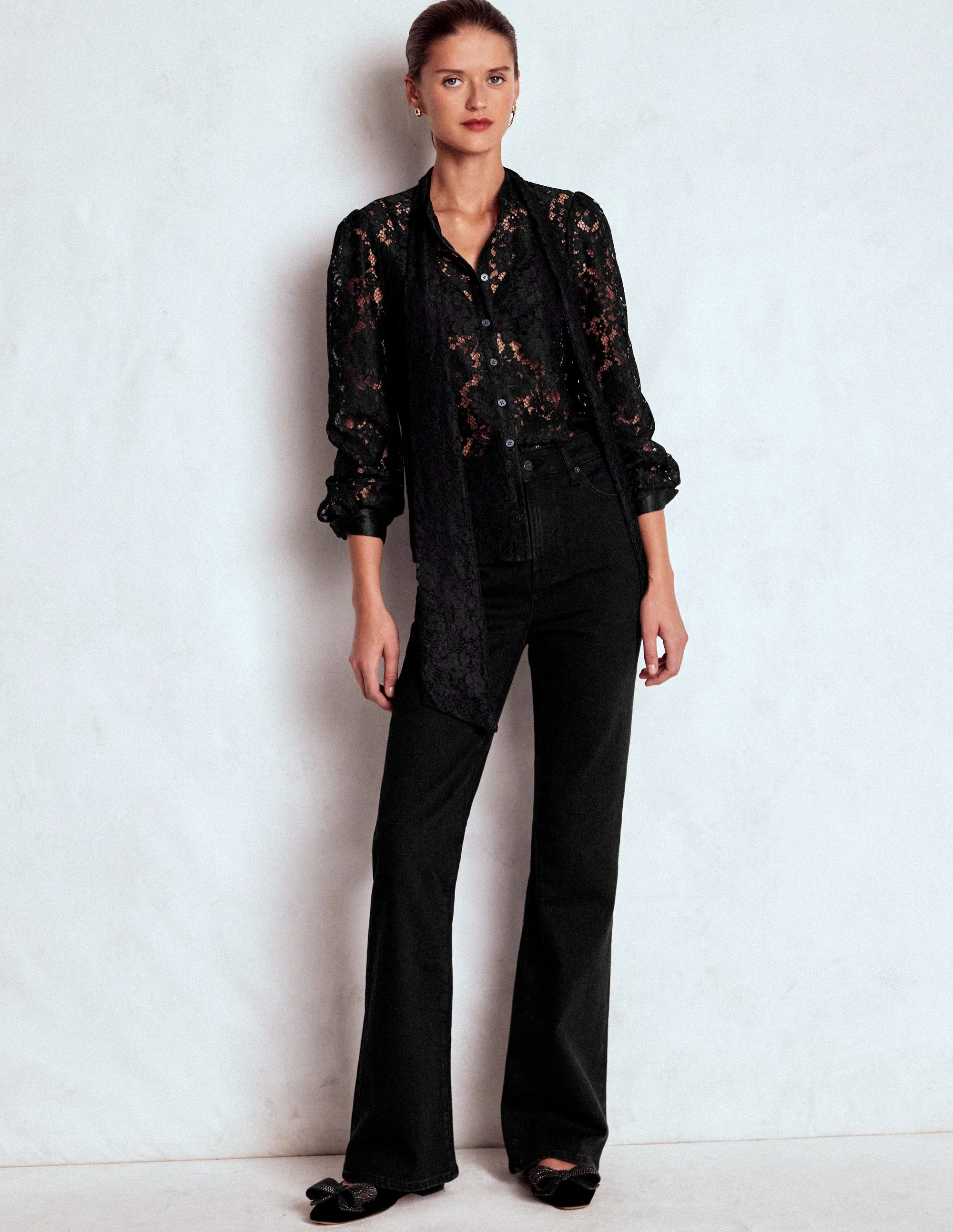 Lace Tie Neck Top-Black - Image 4