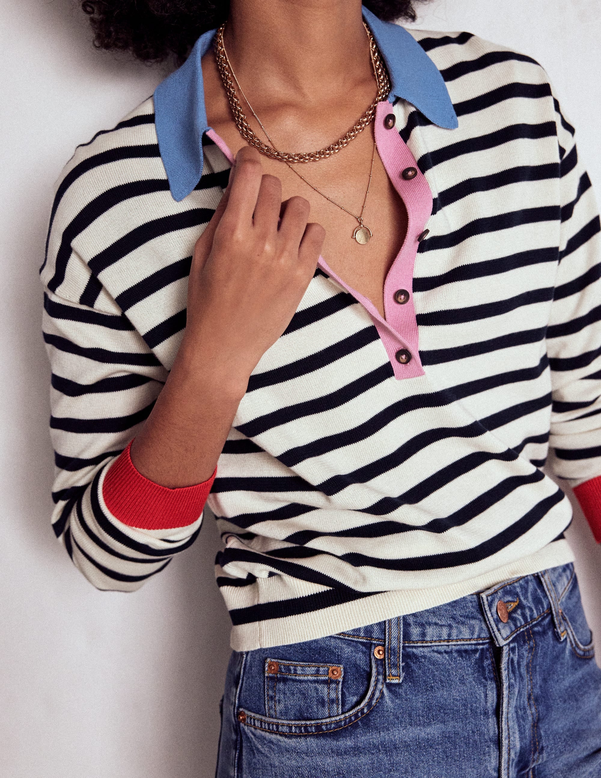 Lara Cotton Henley Jumper-Navy, Warm Ivory Stripe - Image 2