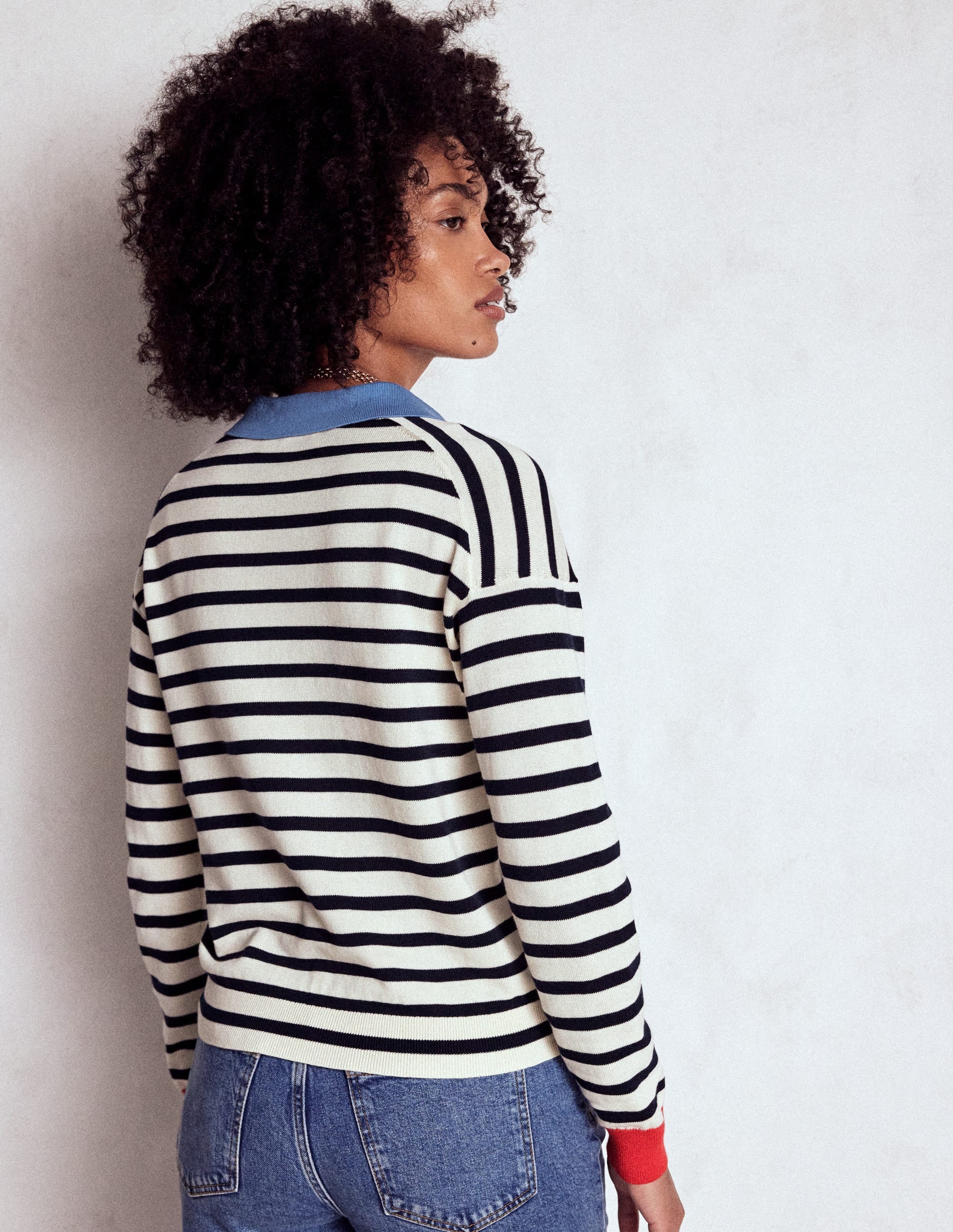 Lara Cotton Henley Jumper-Navy, Warm Ivory Stripe - Image 3