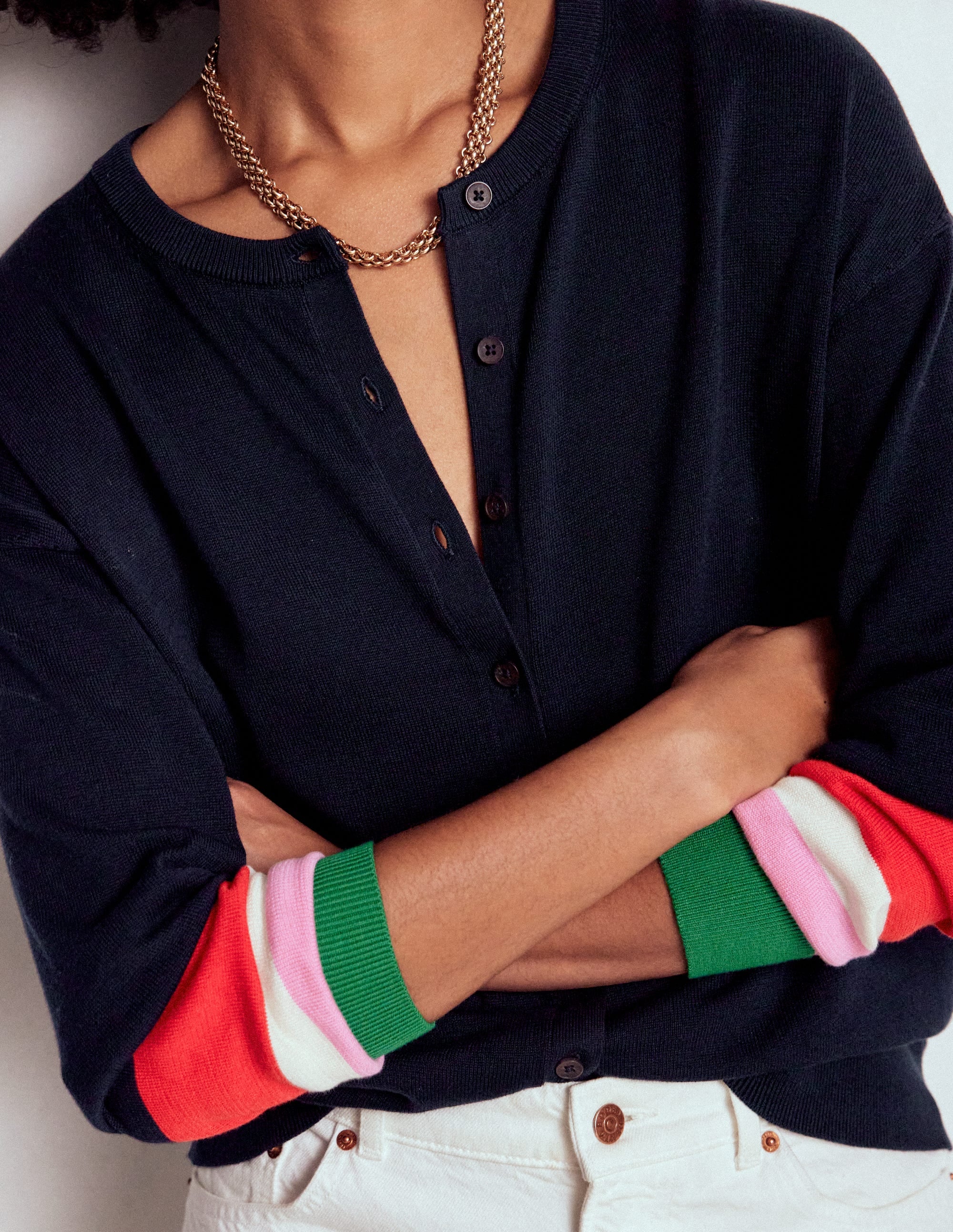 Lara Relaxed Cotton Cardigan-Navy, Cuff Stripe - Image 2