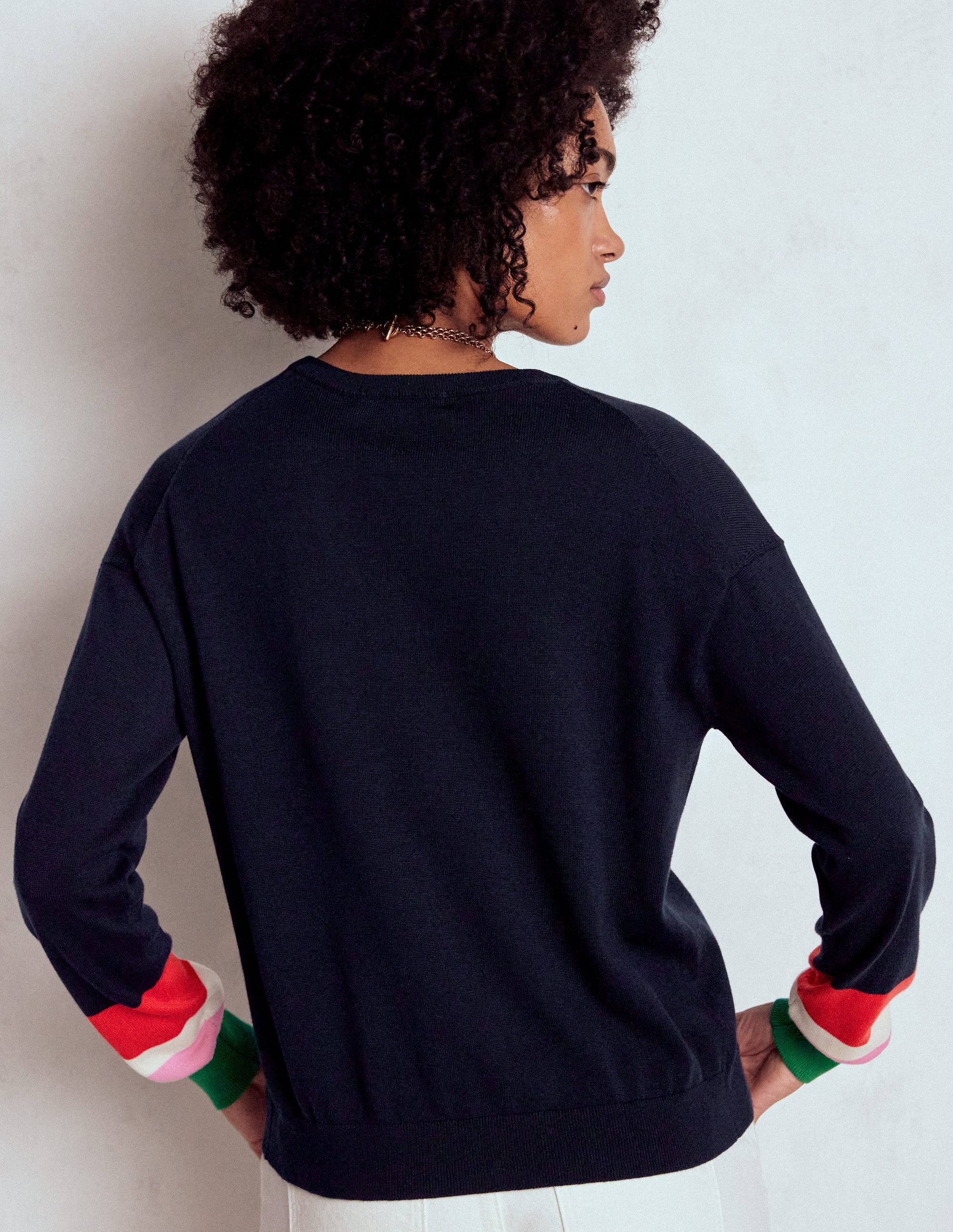 Lara Relaxed Cotton Cardigan-Navy, Cuff Stripe - Image 3