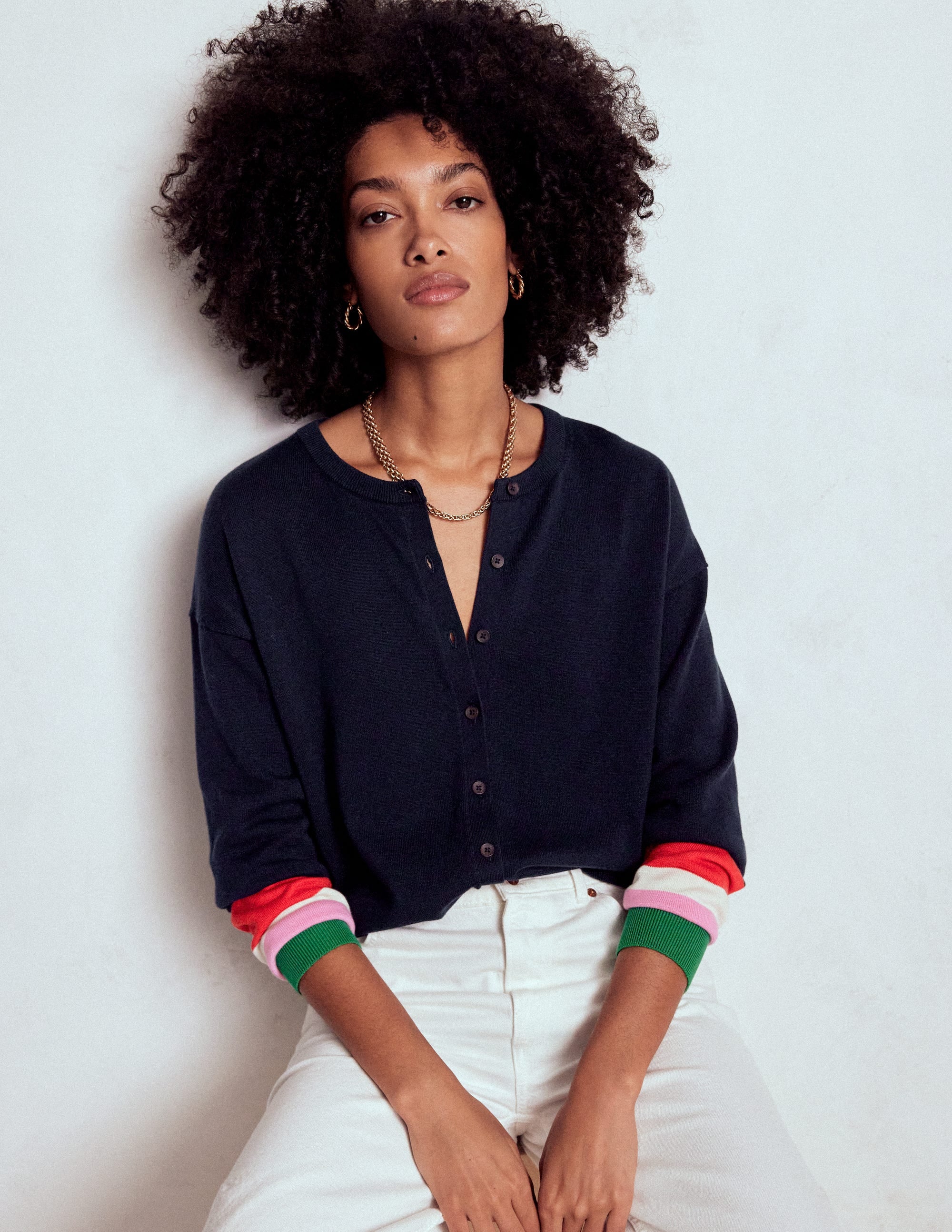 Lara Relaxed Cotton Cardigan-Navy, Cuff Stripe - Image 4