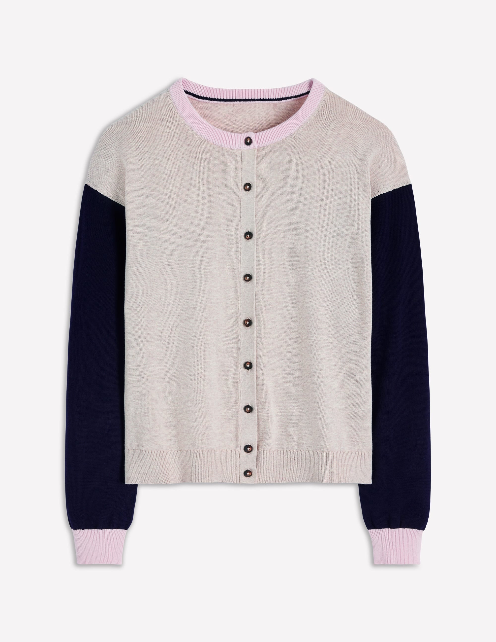 Lara Relaxed Cotton Cardigan-Oatmeal Melange, Navy - Image 5