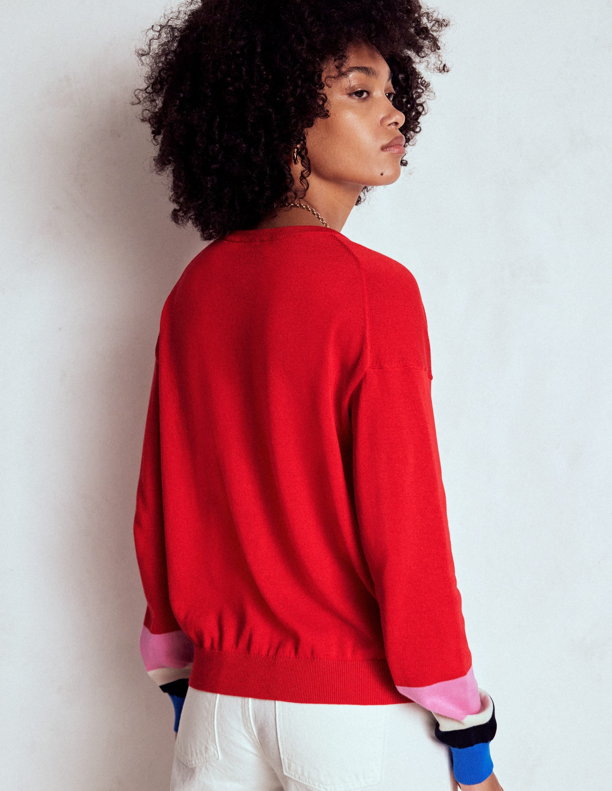 Lara Relaxed Cotton Cardigan-Poppy Red, Cuff Stripe - Image 3