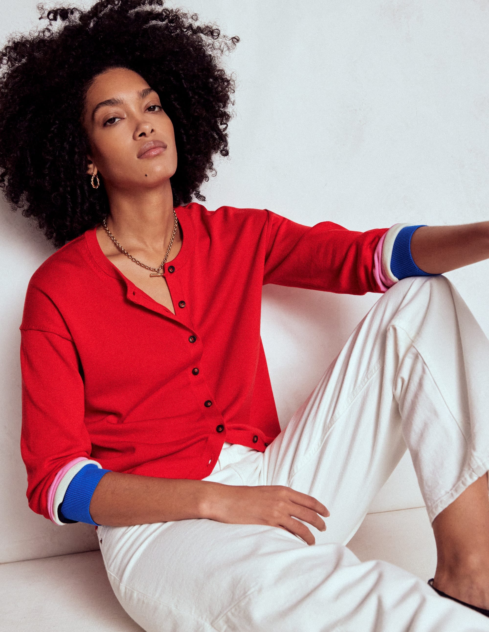 Lara Relaxed Cotton Cardigan-Poppy Red, Cuff Stripe - Image 4