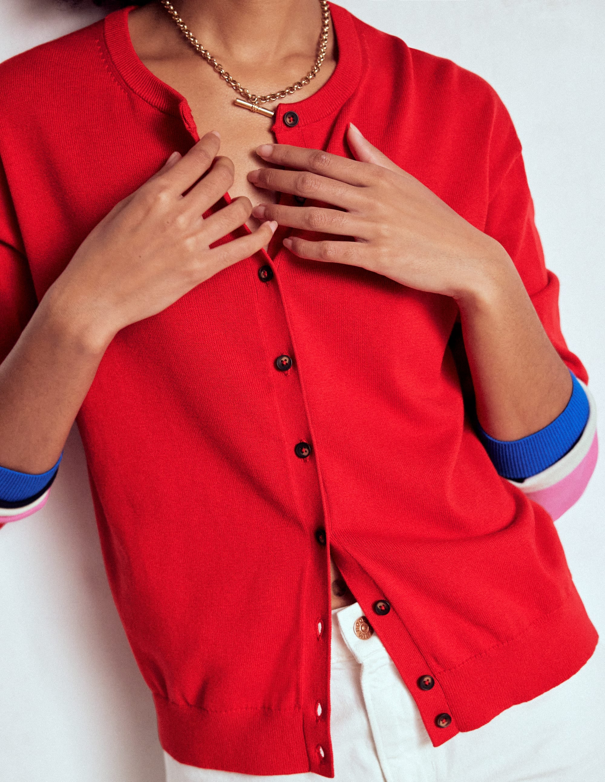 Lara Relaxed Cotton Cardigan-Poppy Red, Cuff Stripe - Image 5