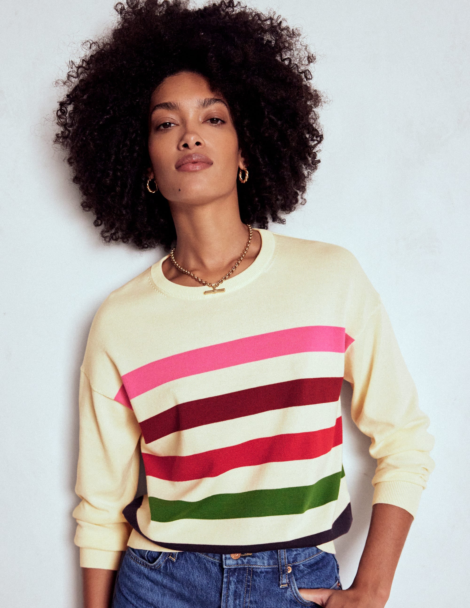 Lara Relaxed Cotton Jumper-Ivory, Multi Stripe