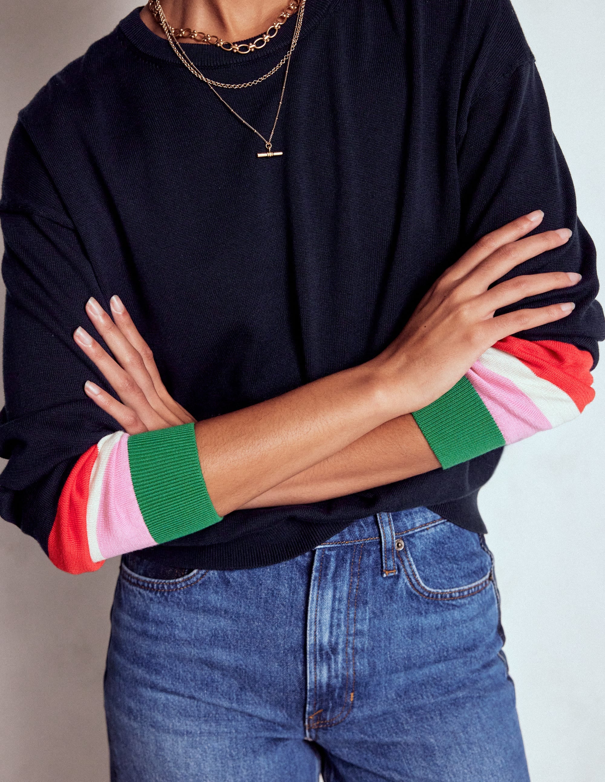 Lara Relaxed Cotton Jumper-Navy Cuff Stripe - Image 2