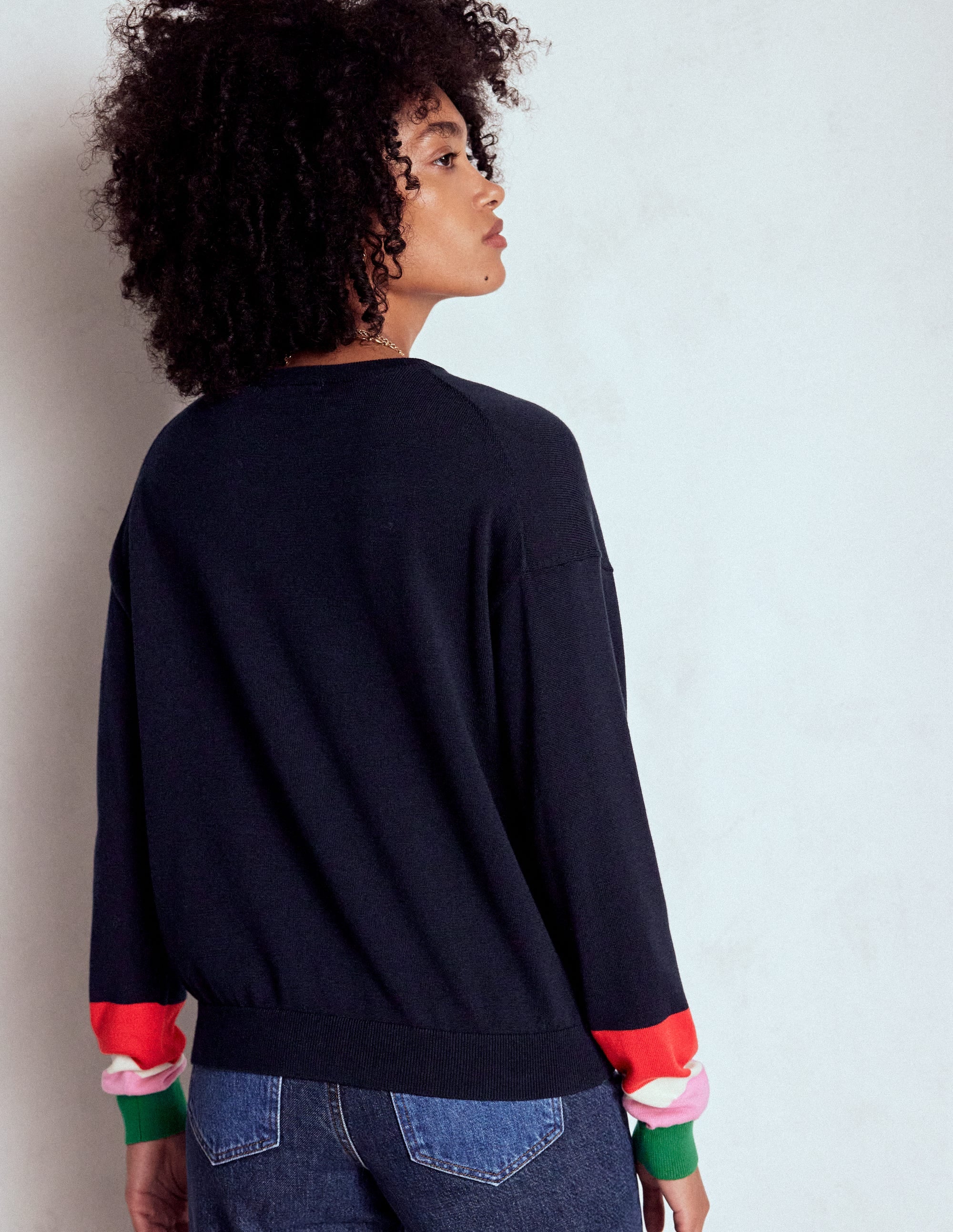 Lara Relaxed Cotton Jumper-Navy Cuff Stripe - Image 3