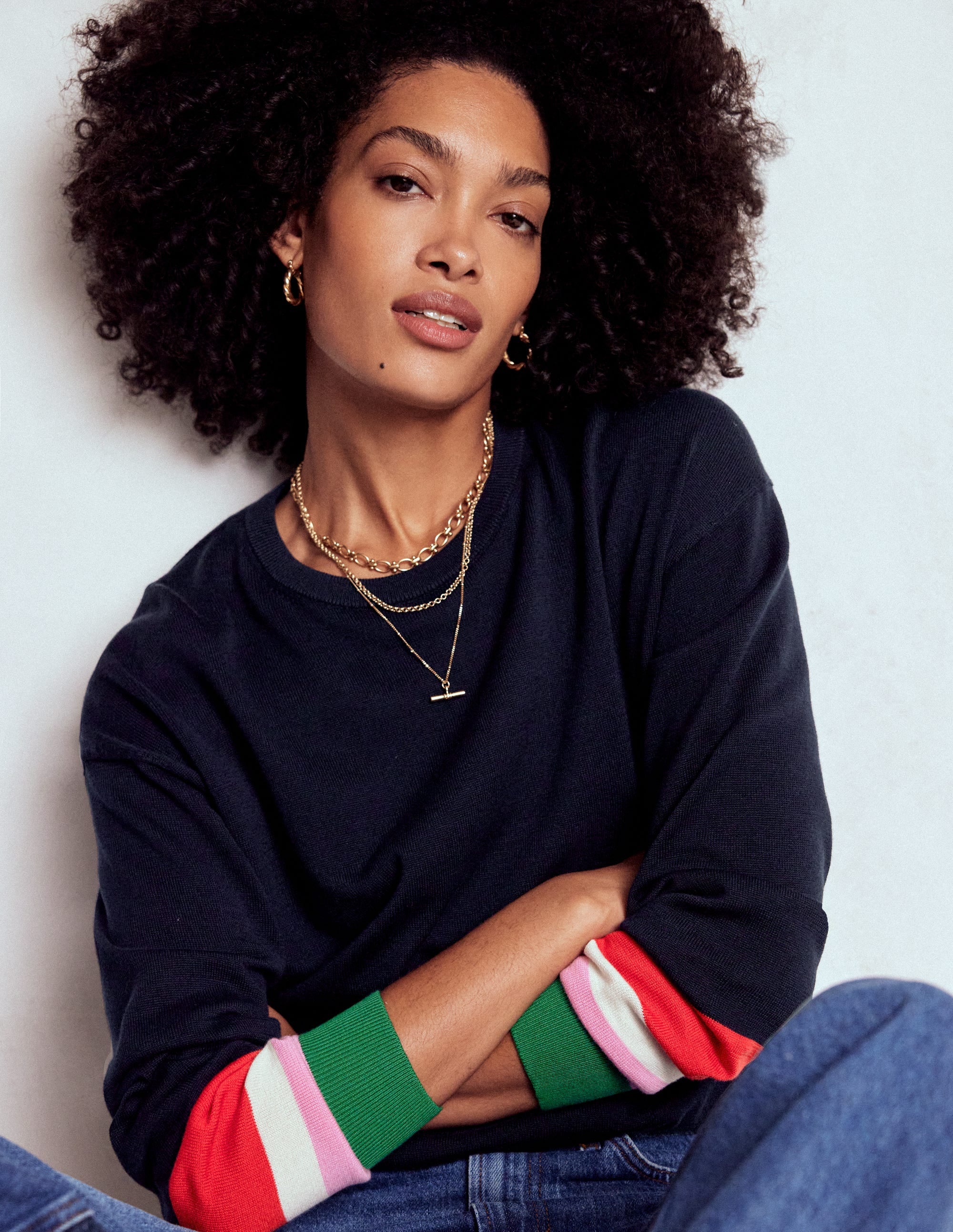 Lara Relaxed Cotton Jumper-Navy Cuff Stripe - Image 4
