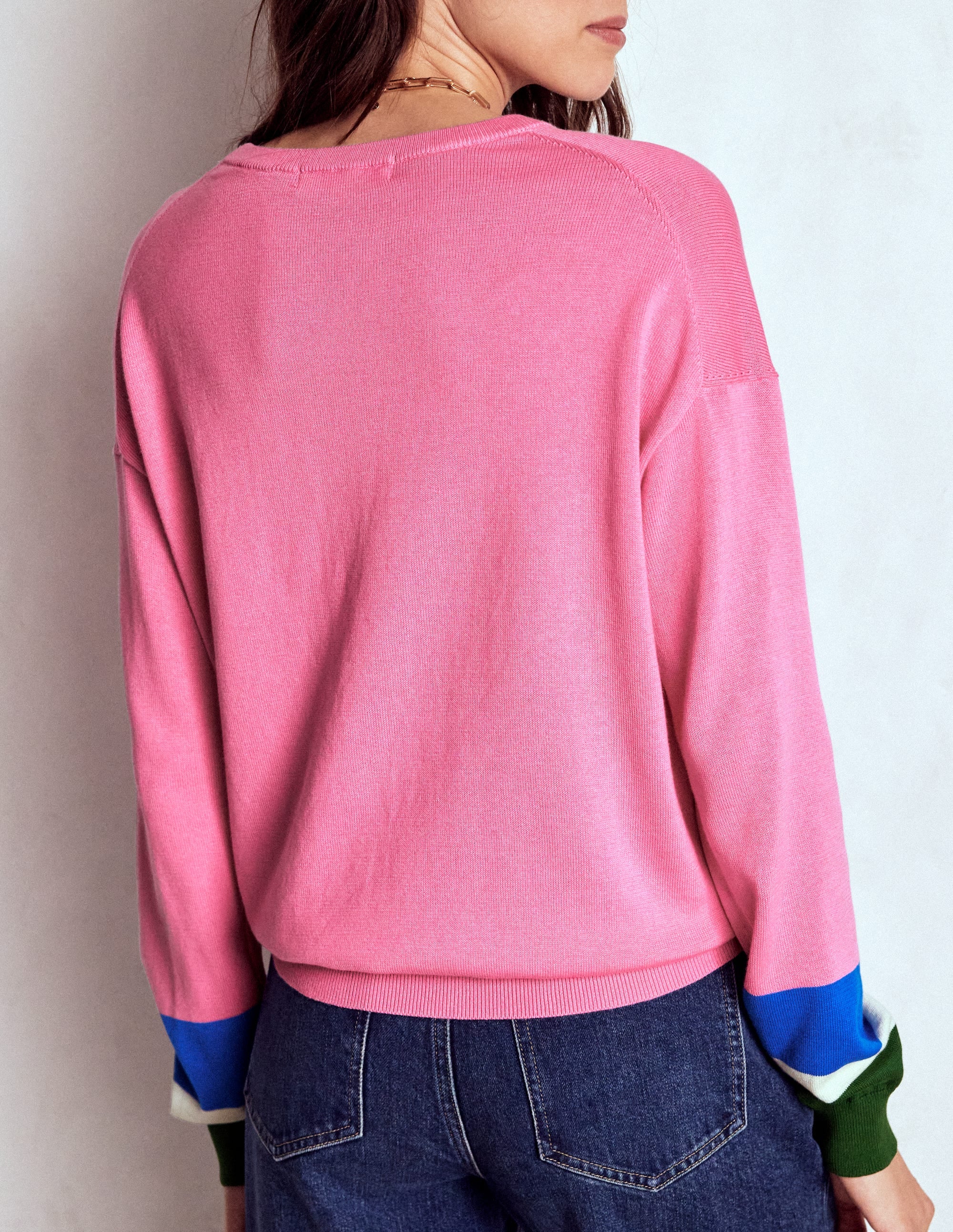 Lara Relaxed Cotton Jumper-Pink Lemonade, Cuff Stripe - Image 3