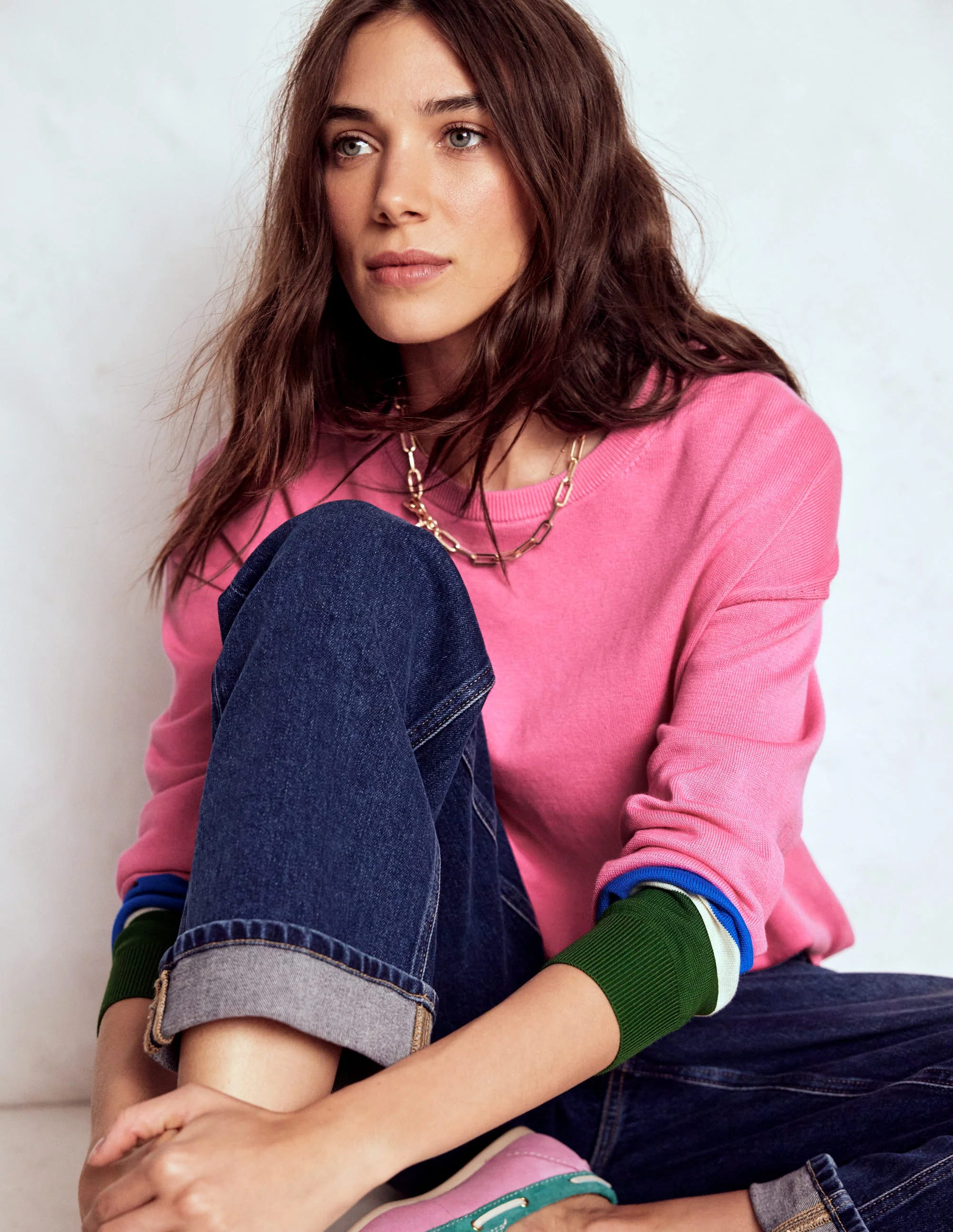 Lara Relaxed Cotton Jumper-Pink Lemonade, Cuff Stripe - Image 4