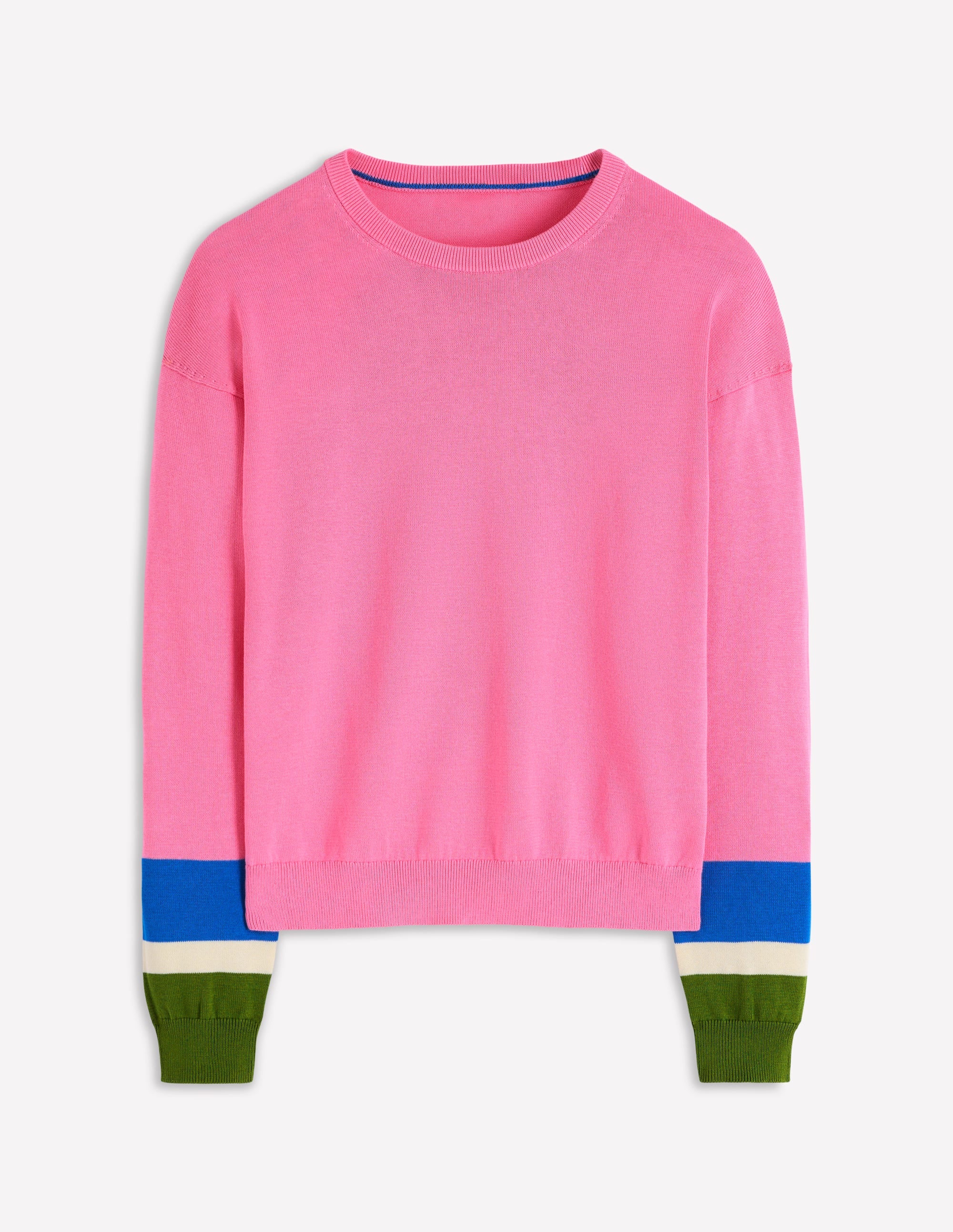 Lara Relaxed Cotton Jumper-Pink Lemonade, Cuff Stripe - Image 6