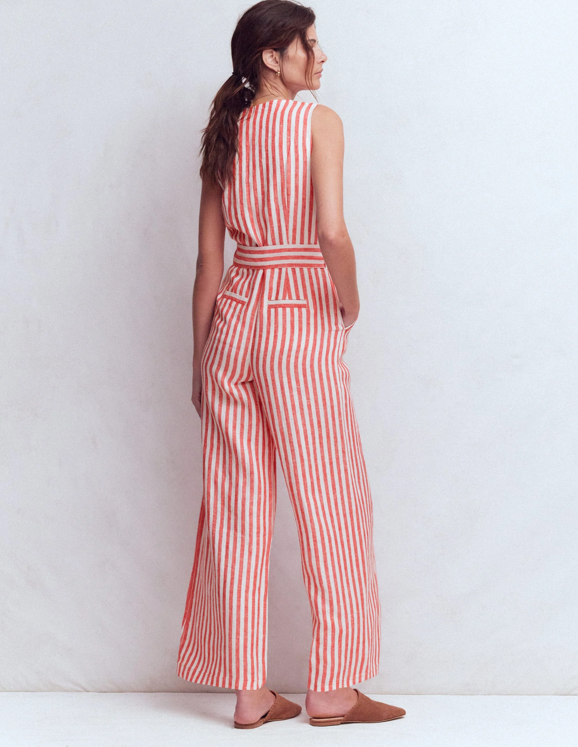 Laura V-neck Linen Jumpsuit-Red, Ivory Stripe - Image 3